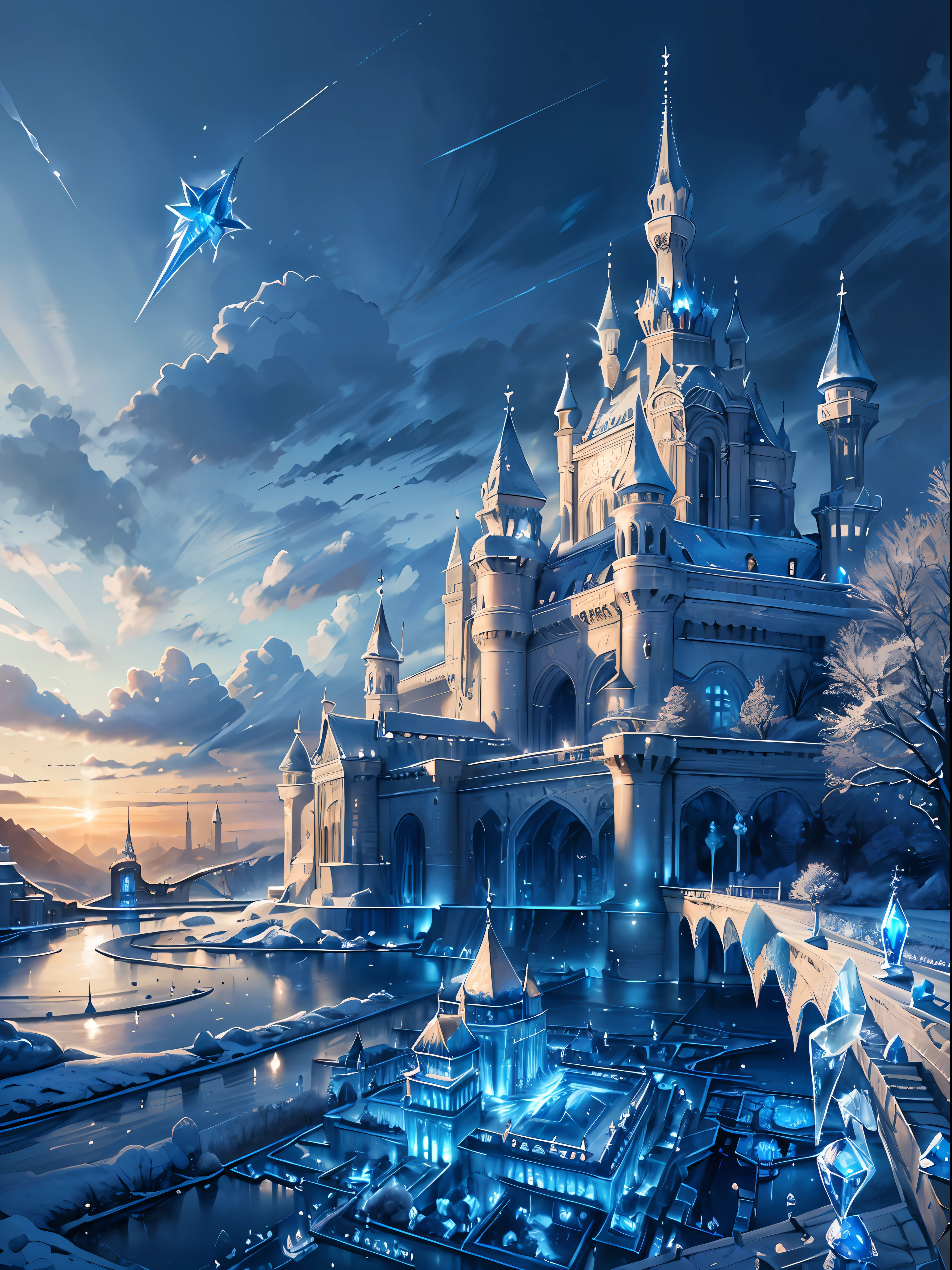 (masterpiece, best quality:1.2), ultra detailed, contrasting lighting, HDR, illustration, landscape, sunrise, ice kingdom, impressive, chill, inspirational, beautiful cristalised castle, blue ice roses surrounding the palace, garden ,high quality details,( ultra- hd) view