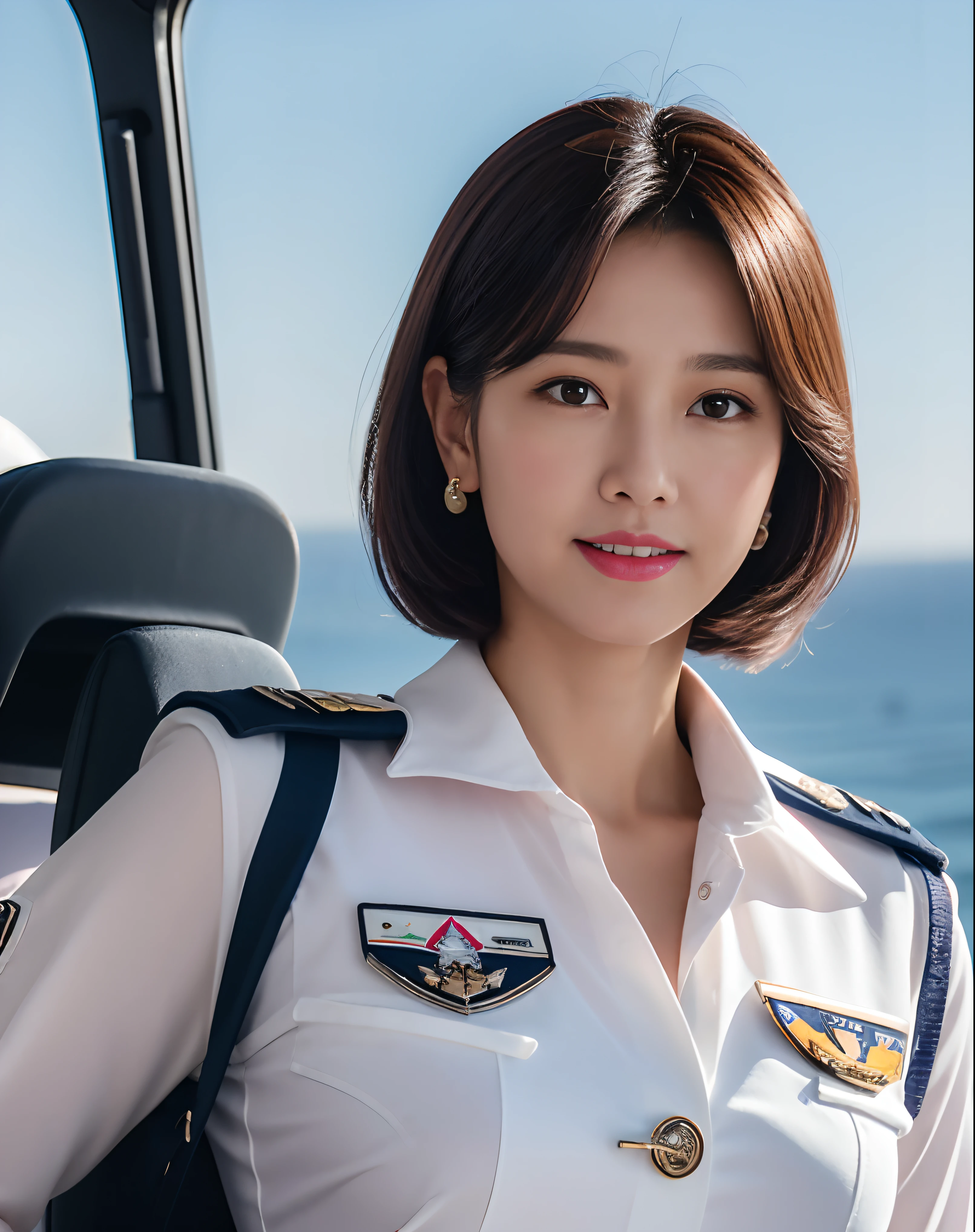 Solo,(8K, Best quality: 1.2), (Masterpiece, Photorealistic: 1.3), Super detail, Anatomically correct, Asian pilot in his 20s, Wavy Bob, Pink lipstick, White blouse, Navy uniform, Clear pants, Inside the cockpit