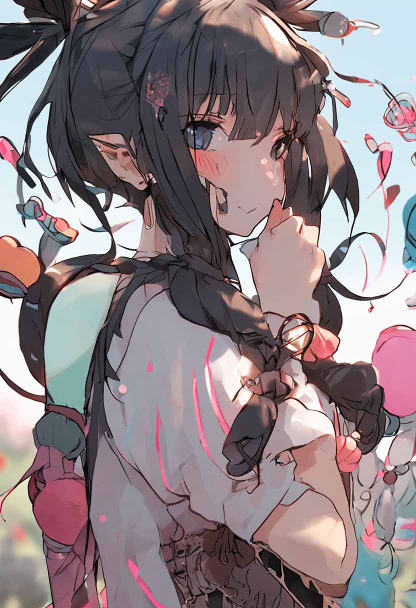black hair, hair bobbles, wince, longeyelashes, solid circle eyes, fake animal ears, light smile, ear blush, fang, Surrealism, drop shadow, anaglyph, stereogram, tachi-e, pov, atmospheric perspective, 8k, super detail, ccurate, best quality