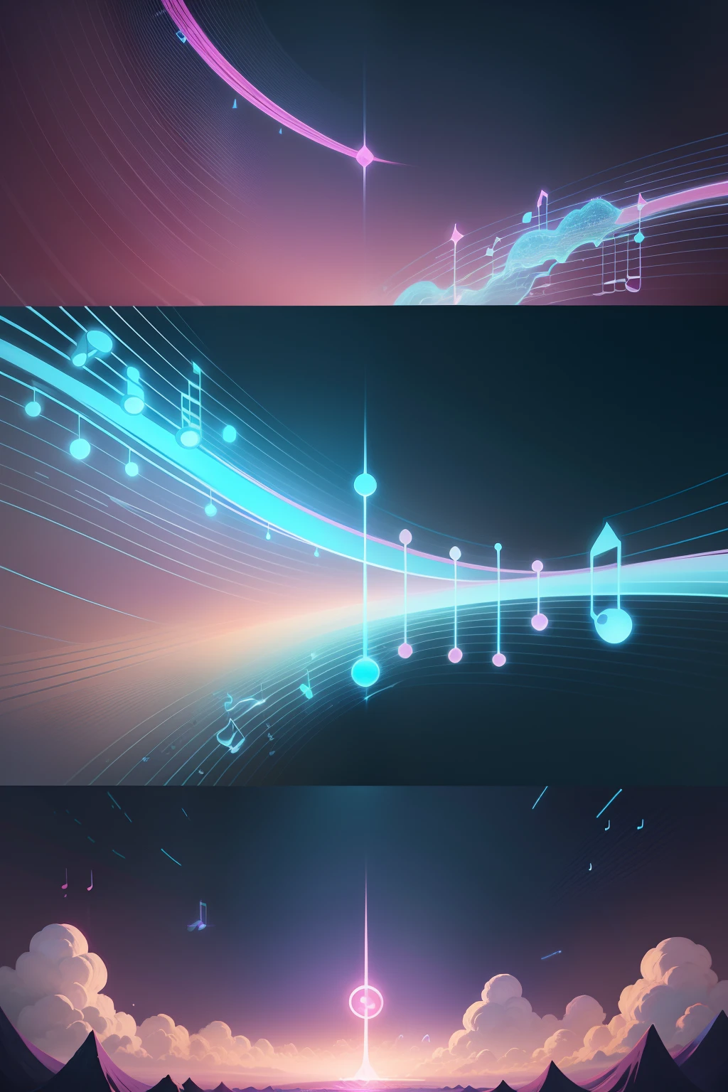 Draw a stylized world map in shades of pastel blue, pink, and lavender. Bright points or small musical notes should appear at various parts of the map. These points are connected by soft sound frequency waves flowing between them, evoking a relaxing musical sensation. The background should be smooth, giving a calming lo-fi feel