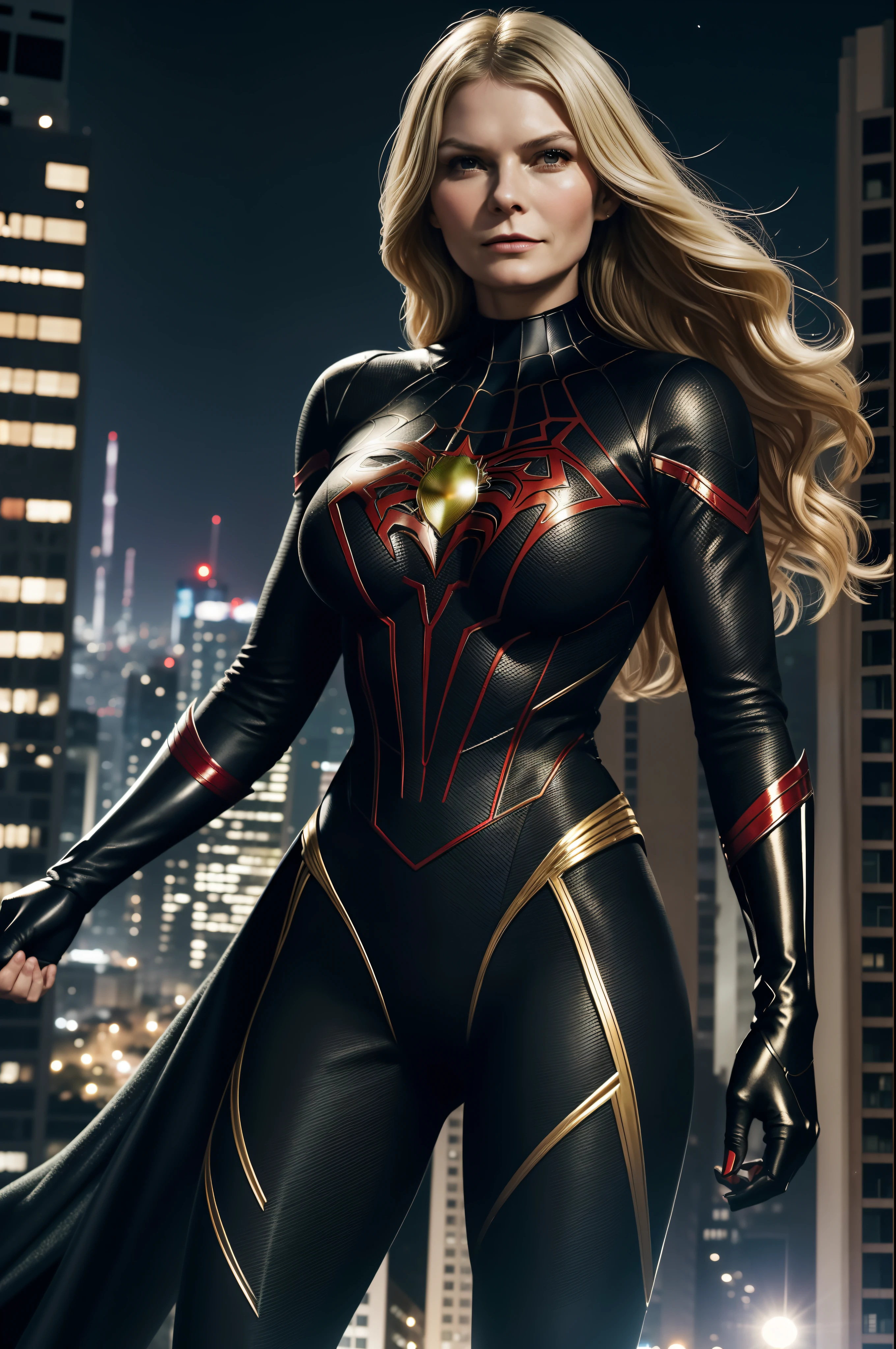 ((a jovem Kirsten Dunst)), (Maria Jane Watson), (master part, 4k resolution, ultra-realistic, Very detailed), (Black superhero theme, Charismatic, no topo da cidade, vestindo o traje do Homem-Aranha, She's a superhero), [ ((25 anos), (longos cabelos ruivos:1.2), corpo inteiro, (olhos verdes:1.2), ((Pose do Homem-Aranha), demonstration of strength, Jumping from one building to another), ((ambiente urbano arenoso):0.8), (Cityscape, at night, dynamic lights), (lua cheia))] # Explanation: The Prompt mainly describes a 4K painting of ultra-high definition, very realistic, Very detailed. It shows a superheroine at the top of the city, vestindo um traje preto do Homem-Aranha. The theme in the painting is a black superhero theme, A protagonista feminina tem longos cabelos ruivos, is 25 years old and her entire body is shown in the painting. In terms of portraying the actions of superheroines, spiders are employed