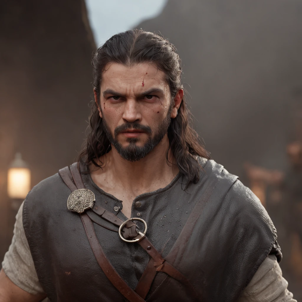 (Professional 3D rendering:1.3) de (Realistic:1.3) Foto de arte mais bonita do mundo,Apresenta homem com dificuldade de acordar, ((Epic hero fantasy rough muscular man wet hero angry look long hair short beard and fierce expression in dynamic pose, fantastic location, majestoso ambiente desordenado)), corpo inteiro 8k unidade render, action shot, poros da pele, very dark lighting, sombreamento pesado, circunstanciado, Rosto detalhado, (vibrante, fotogrdeia realista, Realistic, Dramatic, Escuro, foco nítido, 8k), (Old leather clothes damaged by bad weather:1.4), ((((Use peles)))), (intrincado:1.4), decadente, (altamente detalhado:1.4), pintura digital, rendering by octane, art stations, Conceito-Arte, liso, foco nítido, illustration, germe da arte, (Loish:0.23), Wlop Ilya Kuvshinov, e Greg Rutkowski e Alphonse Mucha Gracias, (global ilumination, studiolight, Light Volumetric), chuva forte, floating particles, patife, fantasia, Onze, corpo inteiroesbian, ((Fundo escuro e antigo da cidade:1.3)),CGSesociedade,art stations