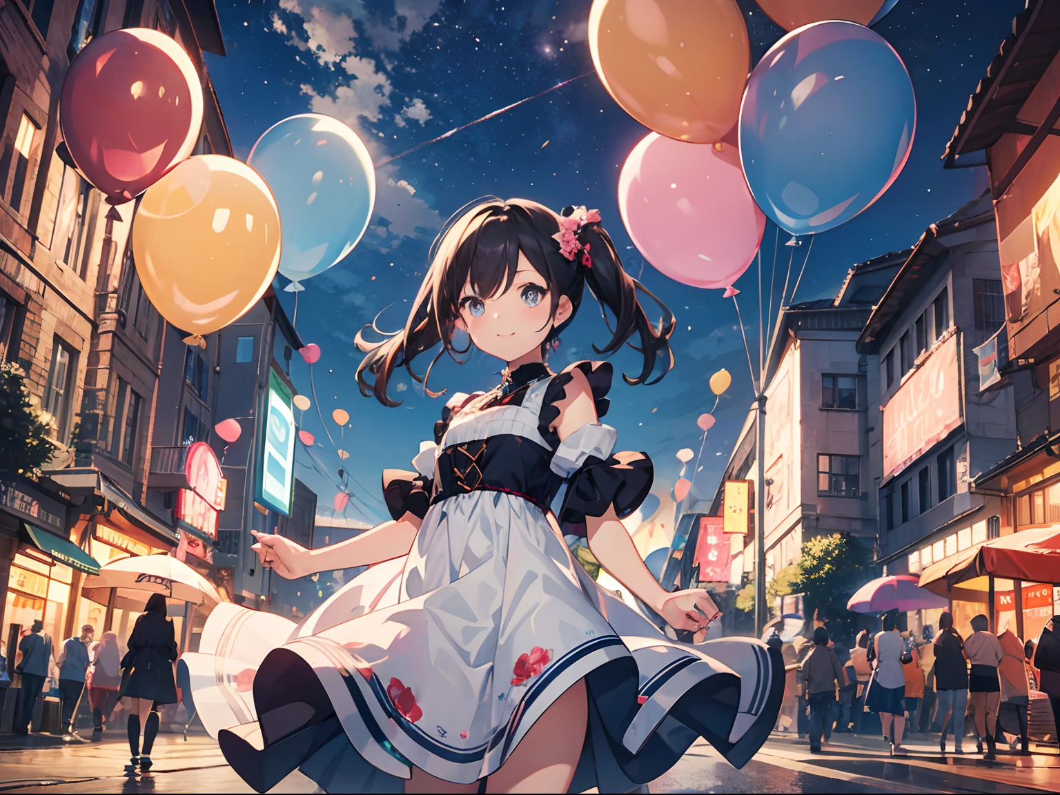 Cute little girl s，shift dresses，a lot of balloons，balloons，。An amusement park，，the complex background，CG art，tmasterpiece，high qulity，depth of fields，Storytelling images，