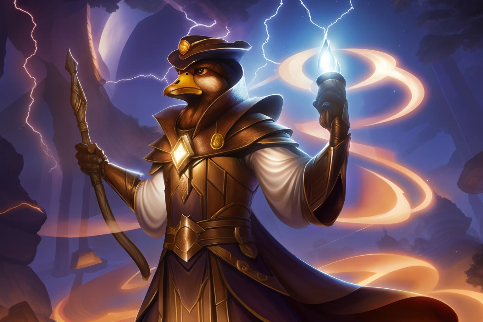 (extremamente detalhado CG unidade 8k papel de parede, master part, melhor qualidade, ultra-detalhado), Alto contraste, Daffy Duck as a mage, white robe, lightning aura, Atmosfera chocante, Dark setting, cinematic feel, white mage hat. Animatronic look stands next to the mage, dynamic pose, foco:1.2, cinematographic feel, heavy shadows, sombras pesadas