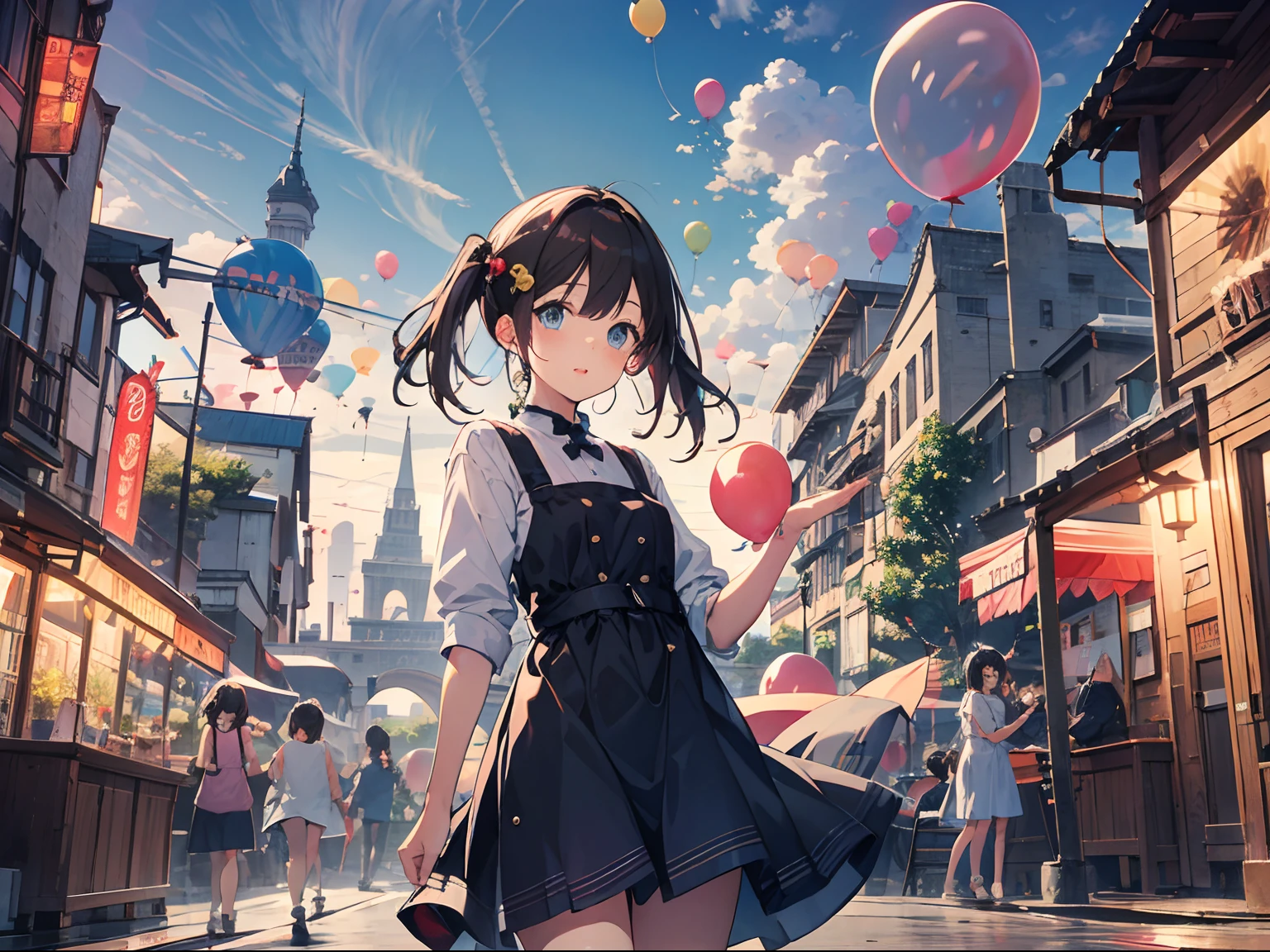 Cute  girl s，shift dresses，a lot of balloons，balloons，。An amusement park，，the complex background，CG art，tmasterpiece，high qulity，depth of fields，Storytelling images，