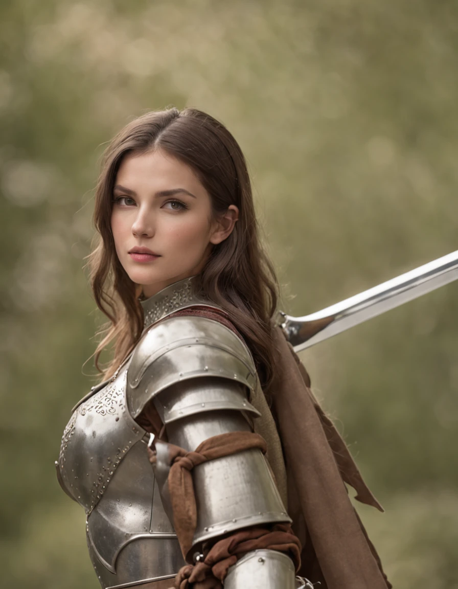 top-quality、Beautiful Italian woman、Female knight、bikini-armor、Fantasia、full bodyesbian、holds a sword、magnificent view、Medium hair、
