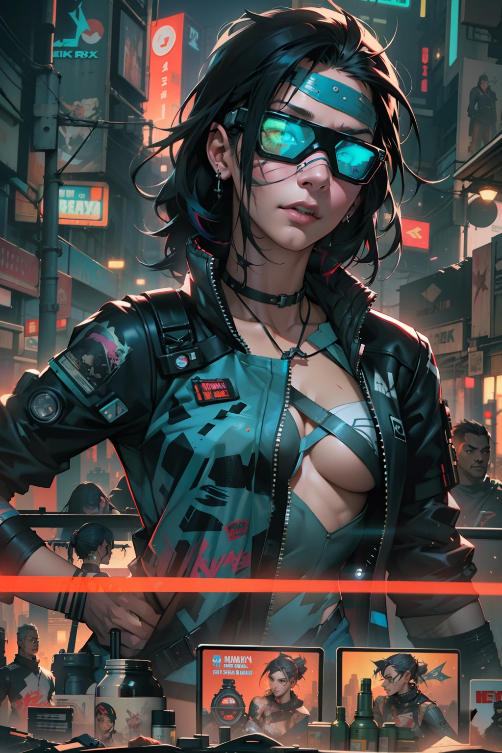 Cyberpunk usava mulher bonita, Skyline noturno da cidade cyberpunk, snthwve estilo nvinkpunk, Directed by: Jeremy Mann, Por Sandra Chevrier, Por Dave McKean e Richard Avedon e Maciej Kuciara, Punk rock, do tanque, alto detalhamento, 4k, RTX
