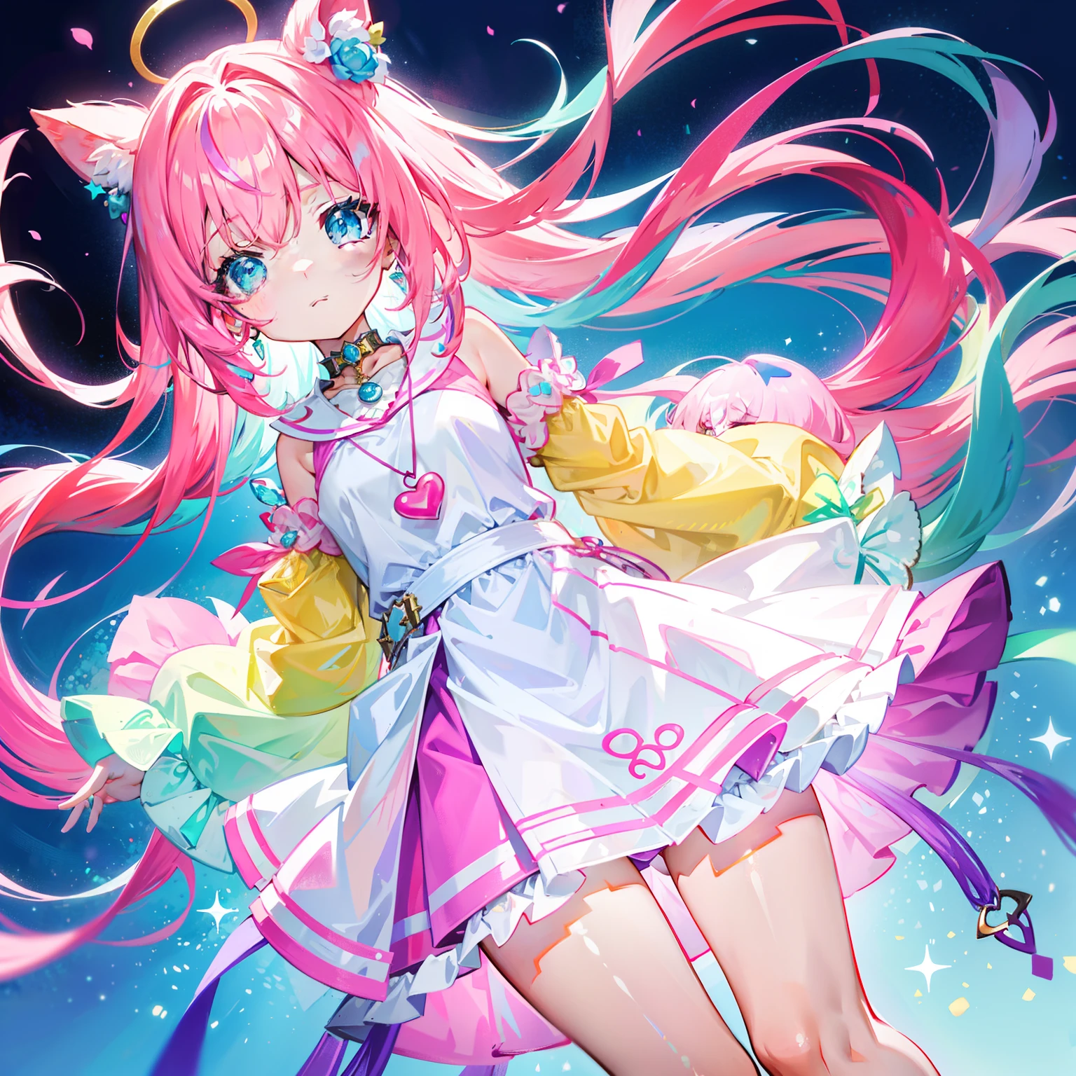 Colorful light background，long whitr hair，Has a bright pinkish-purple transparent gum texture，In pink、Wear yours with blue and white，yellow and greens，Cyan matching accessories pendant decoration，This is a very sweet and sweet loli girl
