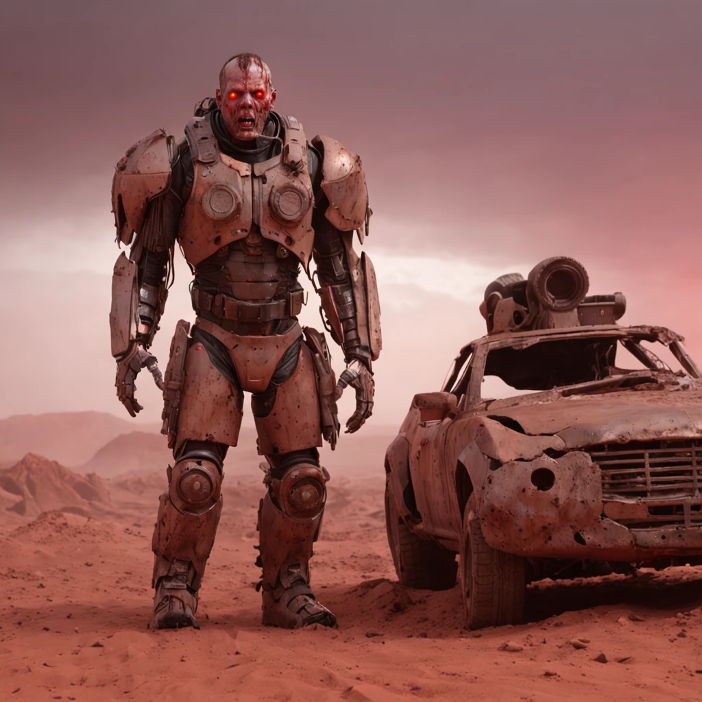 (professional 3d render:1.3) af (Realistic:1.3)  In a post-apocalyptic wasteland, the mind-bending meatloaf entity cyborg stands against a blood-red sky, its form a blend of twisted metal and grotesque flesh, a symbol of technological corruption. The environment is a barren desert, with cracked earth and shattered remnants of civilization scattered around. The atmosphere is suffused with a sense of dread and hopelessness, as if the world itself is on the brink of collapse. The style is a dramatic digital painting, using bo