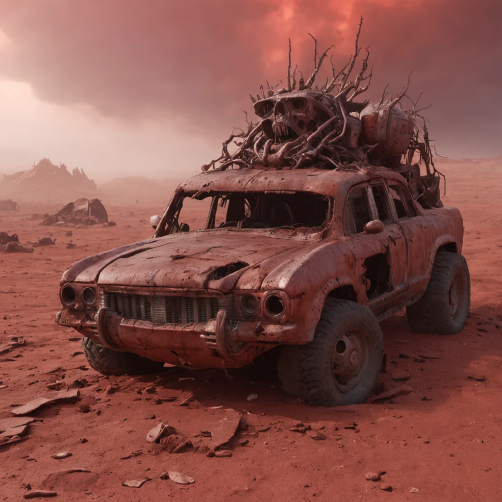 (professional 3d render:1.3) af (Realistic:1.3) In a post-apocalyptic wasteland, the mind-bending meatloaf entity cyborg stands against a blood-red sky, its form a blend of twisted metal and grotesque flesh, a symbol of technological corruption. The environment is a barren desert, with cracked earth and shattered remnants of civilization scattered around. The atmosphere is suffused with a sense of dread and hopelessness, as if the world itself is on the brink of collapse. The style is a dramatic digital painting, using bo
