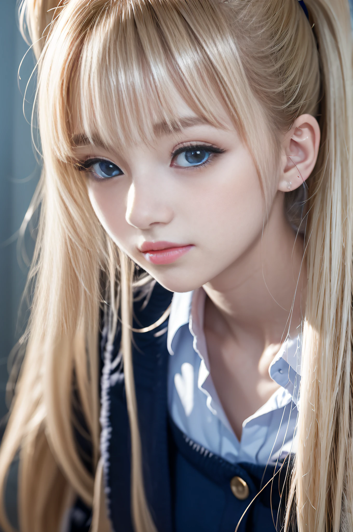 portlate、School Uniforms、bright expression、poneyTail、Young shiny shiny white shiny skin、Best Looks、Blonde reflected light、Platinum blonde hair with dazzling highlights、shiny light hair,、Super long silky straight hair、Beautiful bangs that shine、Glowing crystal clear attractive big blue eyes、Very beautiful nice cute 16 year old girl、Lush bust