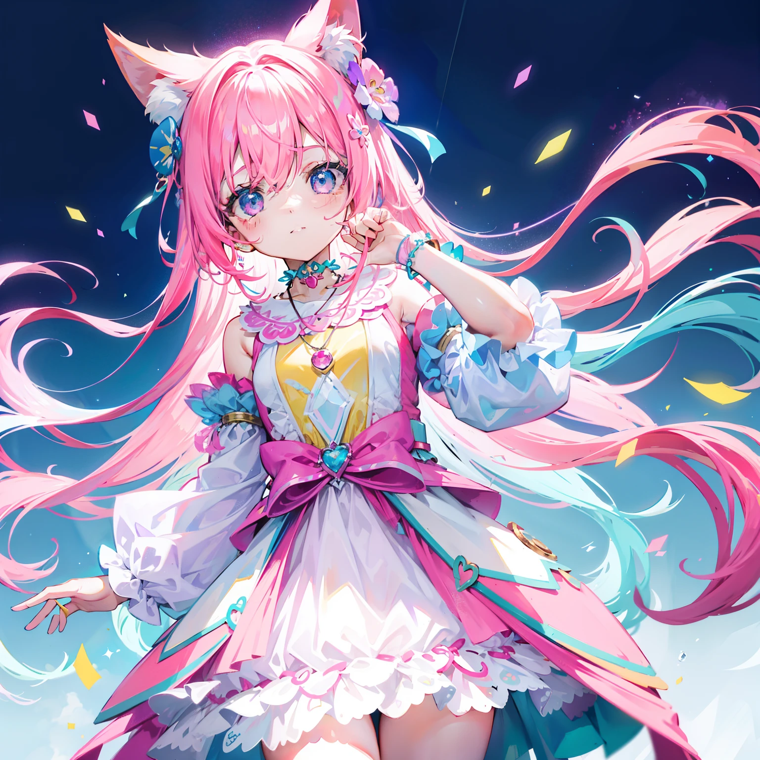 ((NSFW:1.1),masutepiece, (1girl in),Feeling as young as 3 、poneyTail、 Idol,Looks fun with a big smile， ((upper body closeup)), Big eyes, It seems that the eyes are shining、Kawaii Tech, kawaii, Cute, Pastel colors,Hair color is pastel、 (Best Quality), Happy,Deep background of Makoto Shinkai style, Symmetrical, Head Tilted,The composition should exude sensuality and innocence、An ultra-high picture quality、Dynamic Angle、