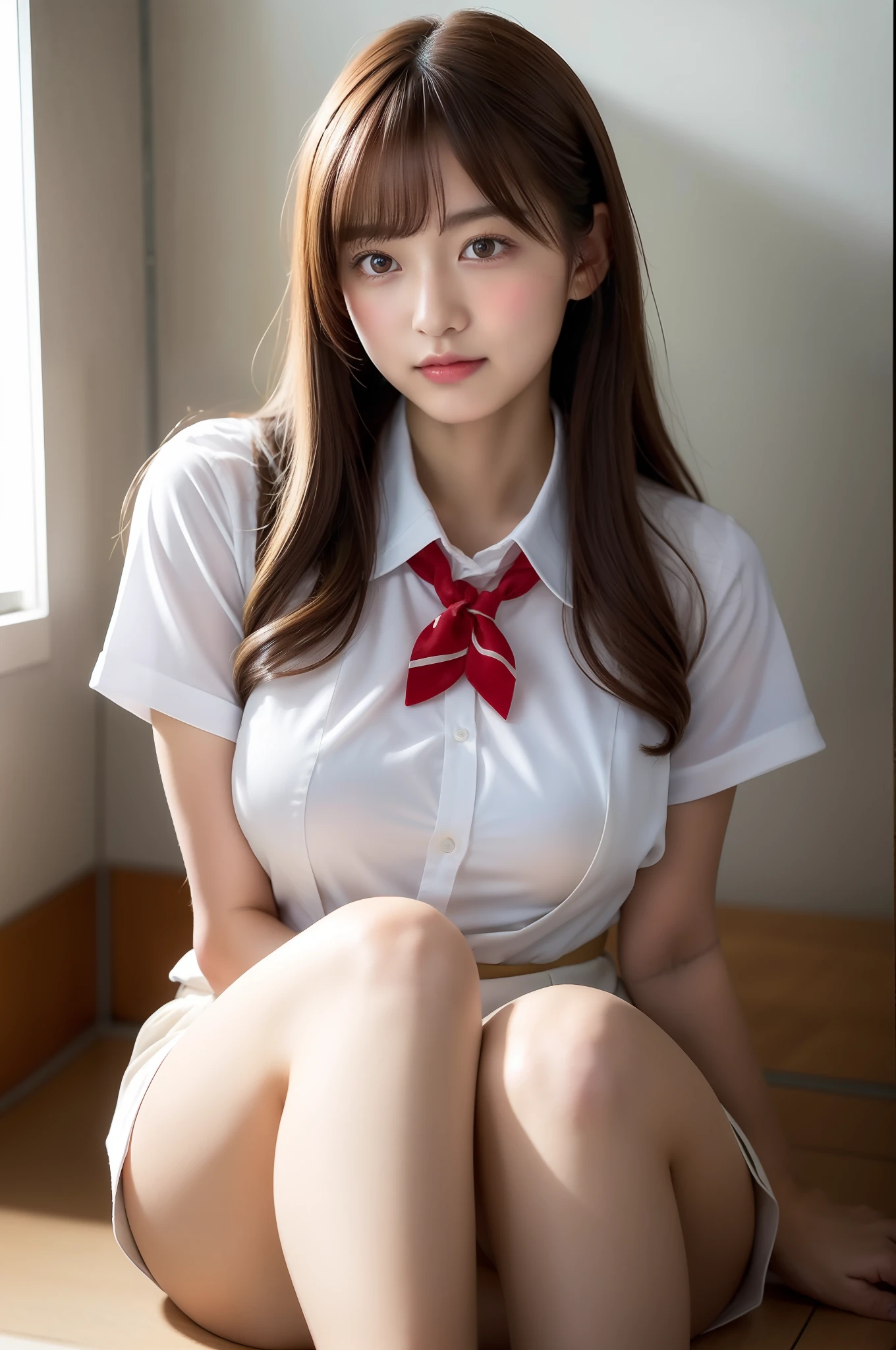 Light Brown Fringe Hair、Braided hair、disheveled hair、Arab asian woman in white shirt and red bow tie、a hyperrealistic schoolgirl、a hyperrealistic schoolgirl、cute school girl、goddess of Japan、Japan Person Model、Realistic Young Gravure Idol、Japan Girl Uniform、a Korean girl、Japan wearing school uniform、Japan wearing school uniform、Young Sensual Gravure Idol、beautifull asian girl ever、(爆乳:1.5)、Emphasis on the chest