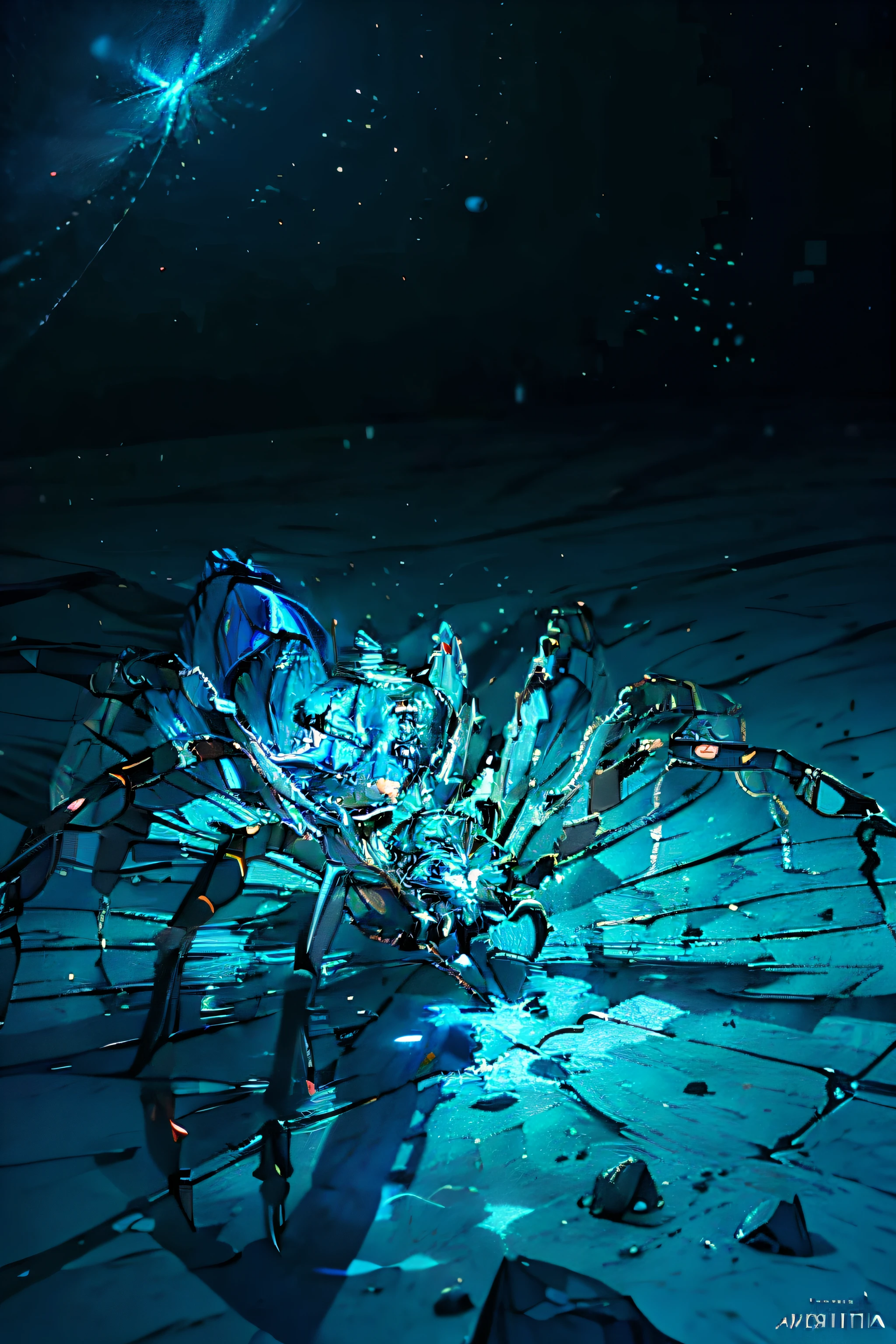 Imagine uma aranha monstruosa feita totalmente de safira, with a massive body that seems to pulsate with an electric blue glow. Its carapace is adorned with complex details and intricate engravings, que acentuam sua beleza sombria. Their paws are sharp and pointed, todas esculpidas a partir de uma safira azul profundo. Ao se mover, a aranha emite um brilho intenso que ilumina tudo ao seu redor, creating an atmosphere of mystery and danger