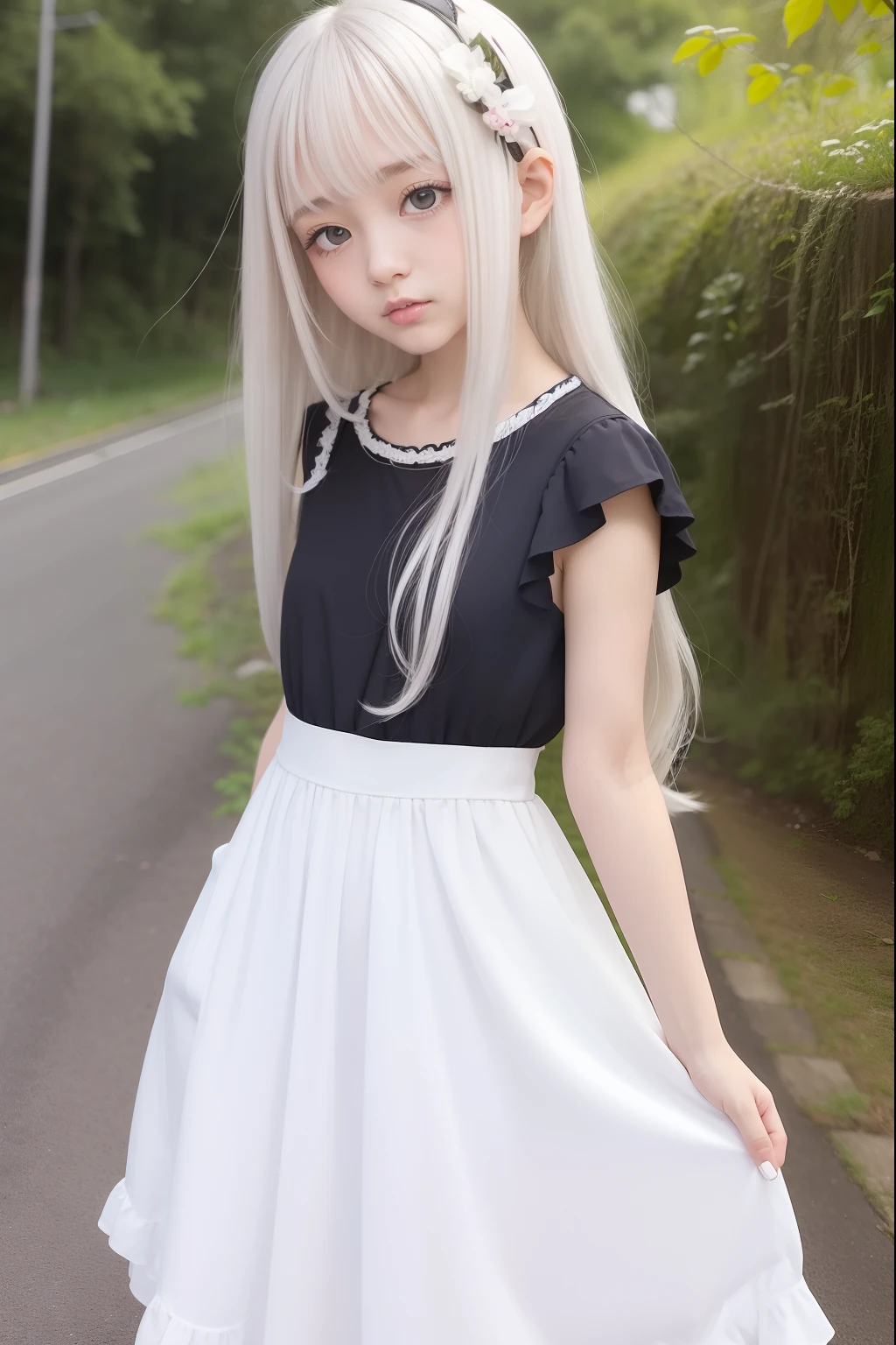 Menina do anime andando nas ruas da cidade no vestido branco, Loli no vestido, vestido branco!!,  calcinha transparente aparecendo,  de cabelos prateados, small curvaceous loli, deus de cabelos brancos, Cute anime waifu in a nice dress, menina com cabelo branco, flowing white hair, visual anime de uma menina bonito, menina do gato branco, pale young ghost girl, cabelos brancos flutuando no ar, up de jovem garota anime，olhos vermelhos