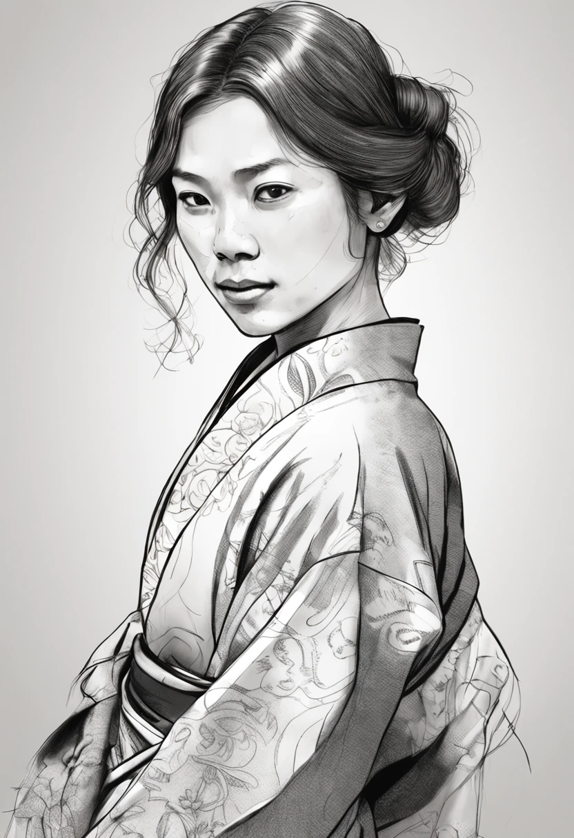 Drawing of a woman in a yukata、Realistic anatomical reference sketch、Art Reference Sketch、Intricate details、Shallow depth of field