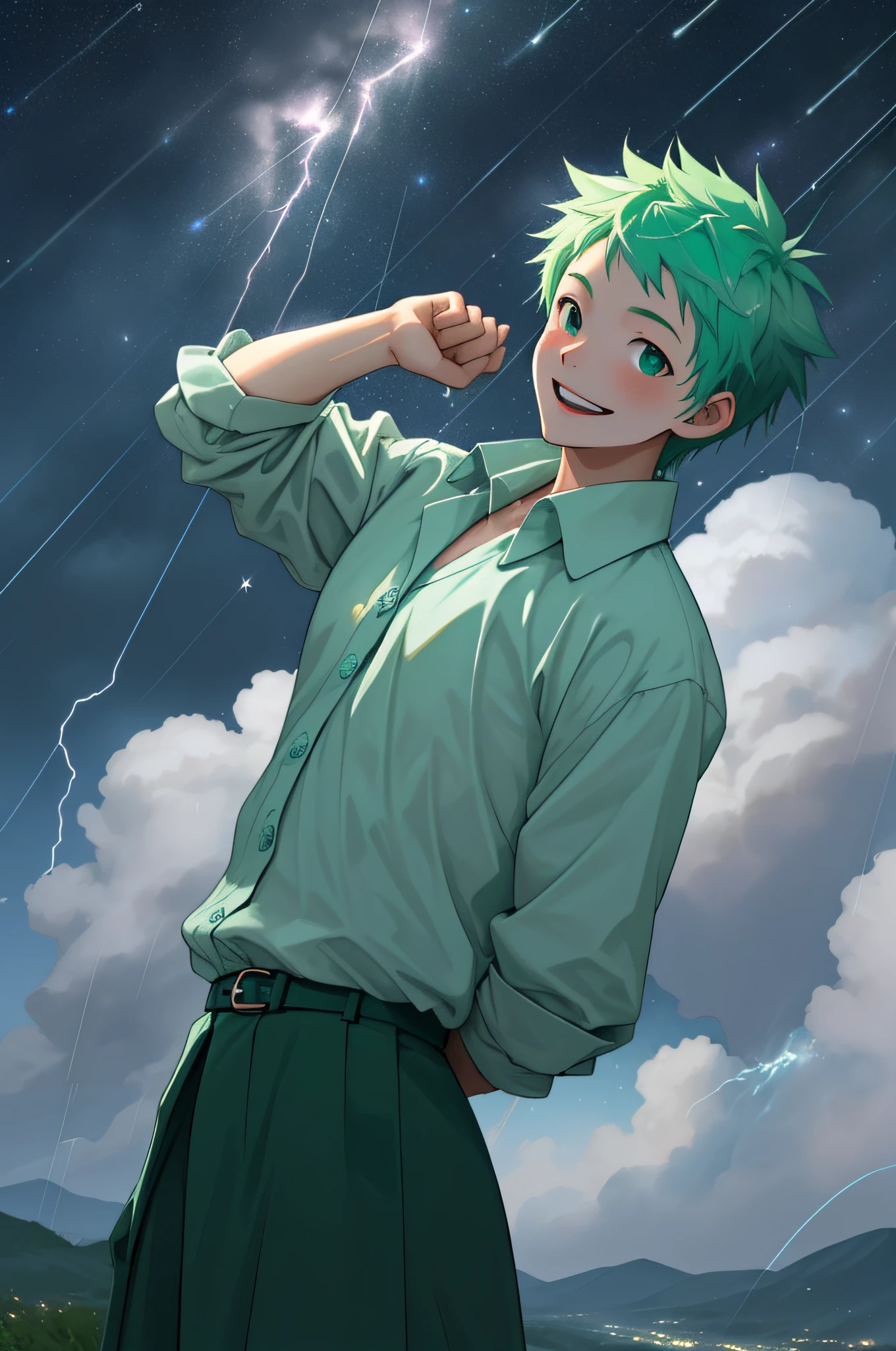Superhero, well-rendered face, flying through the sky, smiling, meteor, blue clouds, lightning, rain, sunlight, dark green clothing, lined body, blue clouds, meteor shower, stars, moon ,