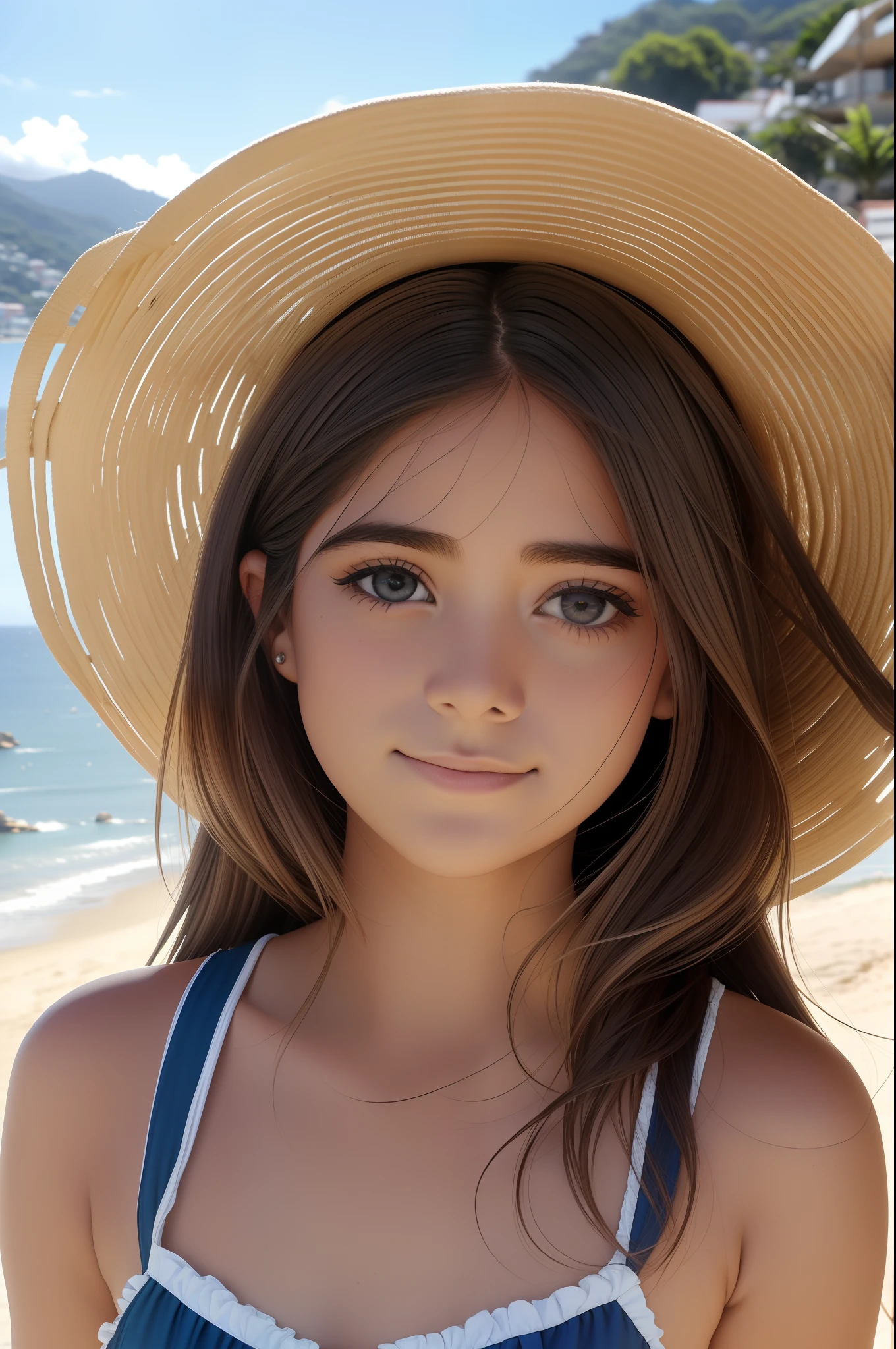 Uma foto de retrato de perto de 15 y.o garota em roupas de passeio, ruivo, cabelos longos cacheados, Background is a seaside town at noon, (pele detalhada alta: 1.2), 8k uhd, dslr, extreme lighting, alta qualidade,