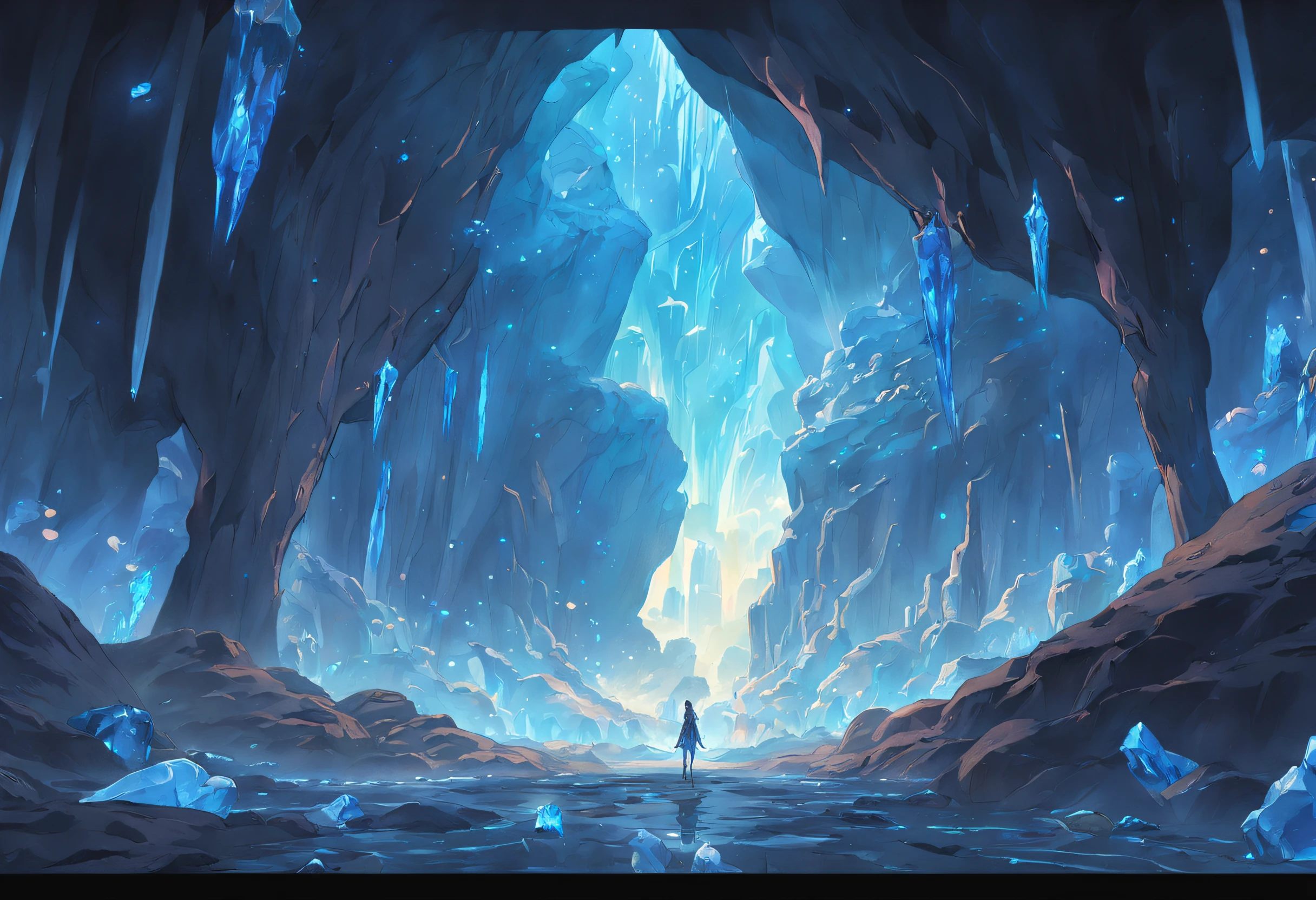 (by Greg Rutkowski: 1.2), (masterpiece), (best quality), extremely delicate and beautiful, illustration, (fantasy landscape), A mesmerizing fantasy landscape with enchanting elements blending seamlessly. (Majestic crystal cave mine), adorned with vibrant blue hue glow reflecting off the surroundings. A sense of tranquility and wonder fills the air, inviting exploration and discovery, depth of field, HDR, intricate, delicate