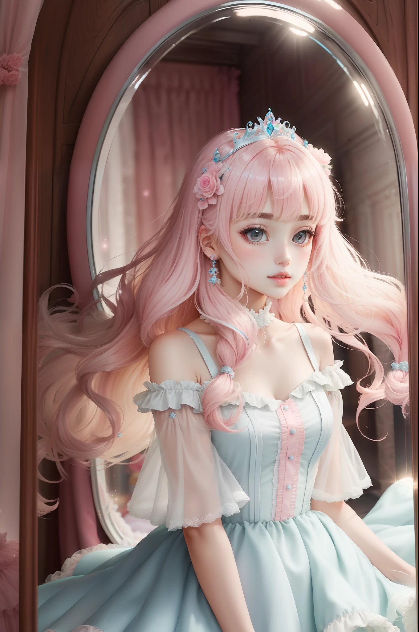 Princess A Princess Soft Good style best quality(Highest Quality) , High quality(hiquality) Soft hair pink there Fluffy dress blonde Hair tied in two, The whole body is reflected, Very delicate tone and good atmosphere
