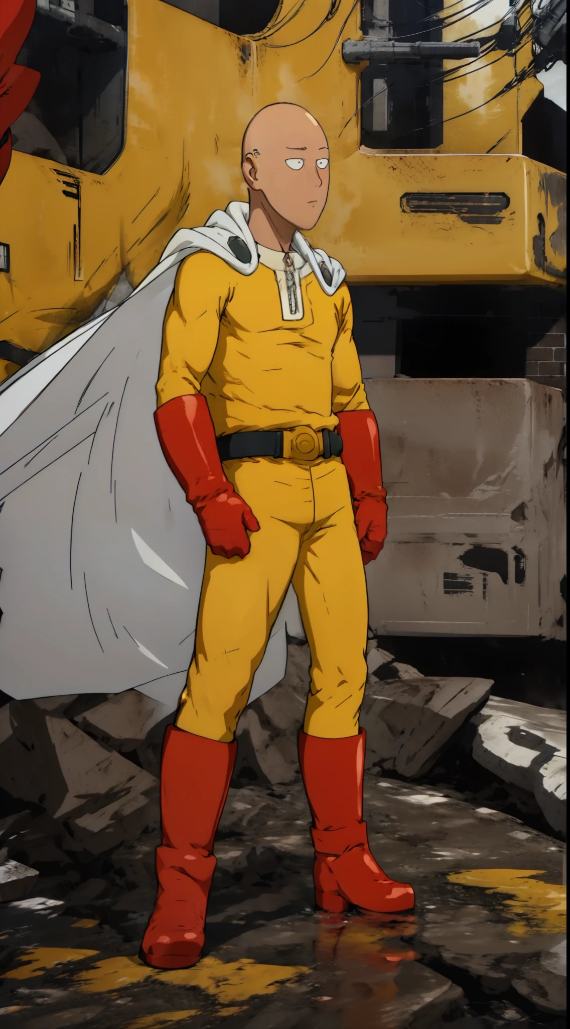 (anime) . Male (Saitama), (yellow bodysuit, (bald), belt, red gloves, red boots, white cloak, asian man face, muscle, serious, full body standing, outdoors, on the street, 4k)