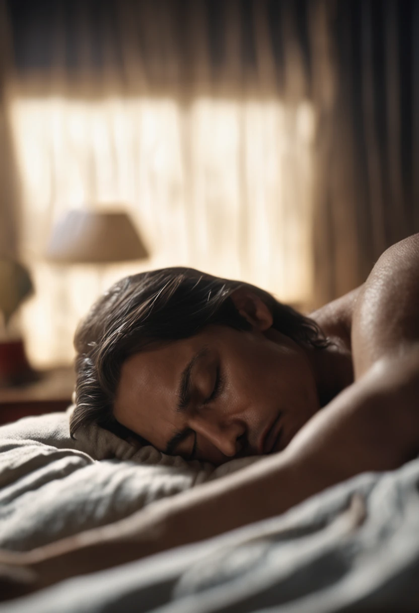 ma person lying on a bed with their hands under their pillow and their eyes closed, 8k unidade render, action shot, poros da pele, very dark lighting, sombreamento pesado, circunstanciado, Rosto detalhado, (vibrante, fotogrdeia realista, Realistic, Dramatic, Escuro, foco nítido, 8k),