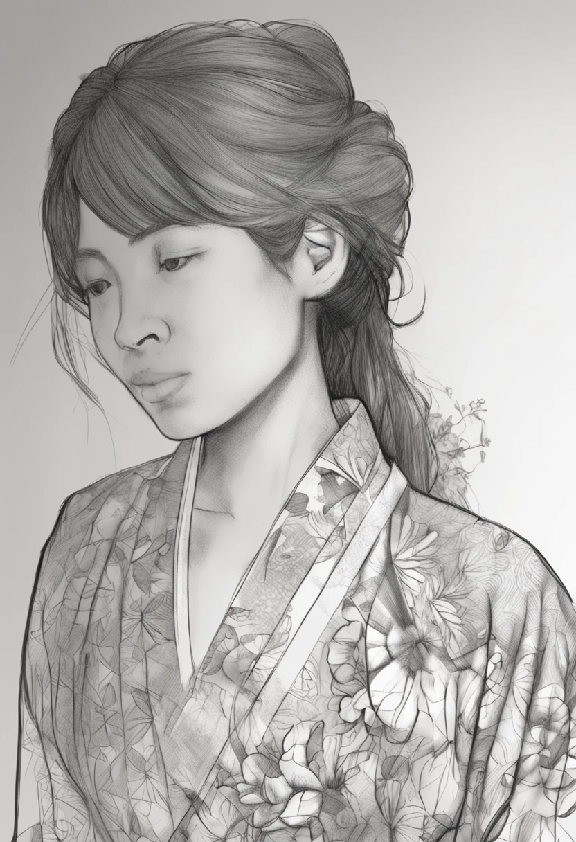 Drawing of a woman in a yukata、Realistic anatomical reference sketch、Art Reference Sketch、Intricate details、Shallow depth of field、Pencil Drawing