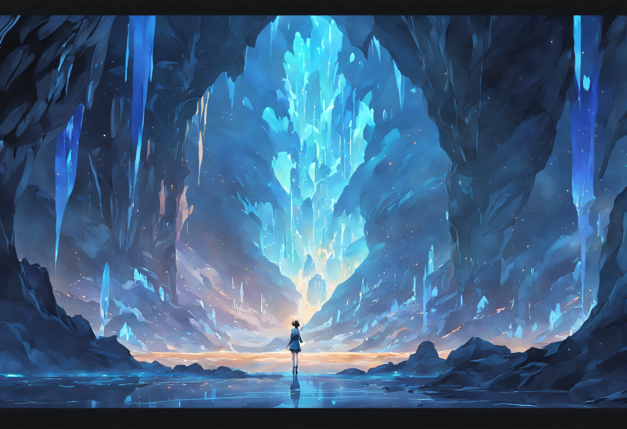 (by Greg Rutkowski: 1.2), (masterpiece), (best quality), extremely delicate and beautiful, illustration, (fantasy landscape), A mesmerizing fantasy landscape with enchanting elements blending seamlessly. (Majestic crystal cave mine), adorned with vibrant blue hue glow reflecting off the surroundings. A sense of tranquility and wonder fills the air, inviting exploration and discovery, depth of field, HDR, intricate, delicate