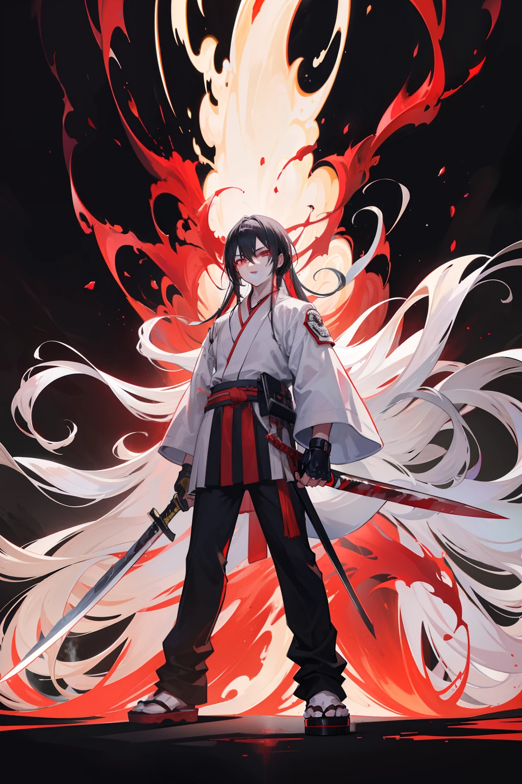 cabelos preto e longos,Red-eyed teenage man,Stand on an empty street at night,extreme hight detail,White jacket,Black Hakama,Aoba Ori,Holding a huge blood-colored weapon in one hand,A Japanese style,Intimidating,Engulfed in flames、Sword