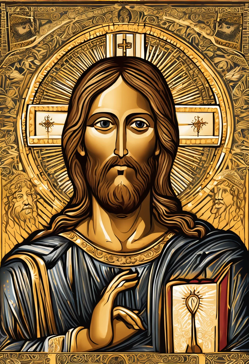 Imagine a majestic representation of Jesus Christ, sentado em um trono de ouro que irradia luz divina. He is dressed in white and gold robes, que simbolizam pureza e divindade. Jesus' hands are gently joined in a gesture of prayer, expressing humility and spiritual connection.

Detalhes da Imagem:

Comece desenhando o trono de ouro com detalhes intrincados, como entalhes, inlaid patterns and jewelry. O trono deve parecer imponente e celestial.
Posicione Jesus no trono de maneira a mostrar sua dignidade e autoridade, but also his serenity and compassion.
Focus on Jesus' facial features. Your eyes should convey a deep connection to the divine and your mouth may be slightly curved into a soft smile.
Jesus' hands must be together, fingers intertwined and thumbs pressed gently against each other. This should represent a gesture of deep prayer.
Use luz suave e sombras para destacar os contornos do rosto, as vestes e os detalhes do trono. The light must also appear divine, emanating from Jesus Himself.
The crown of thorns that Jesus wore during the crucifixion can be placed subtly next to the throne, as a symbol of sacrifice and redemption.
The background can be a celestial environment with golden clouds and an atmosphere of peace and transcendence.
Feel the spiritual connection as you create every detail. Use advanced editing tools to ensure high definition of the image. As you create, Allow the sense of reverence and respect to fill your heart, reflecting on the image you are creating."

Remember that creating a high-definition image requires meticulous attention to detail and the use of the editing program's advanced tools to achieve the desired quality.