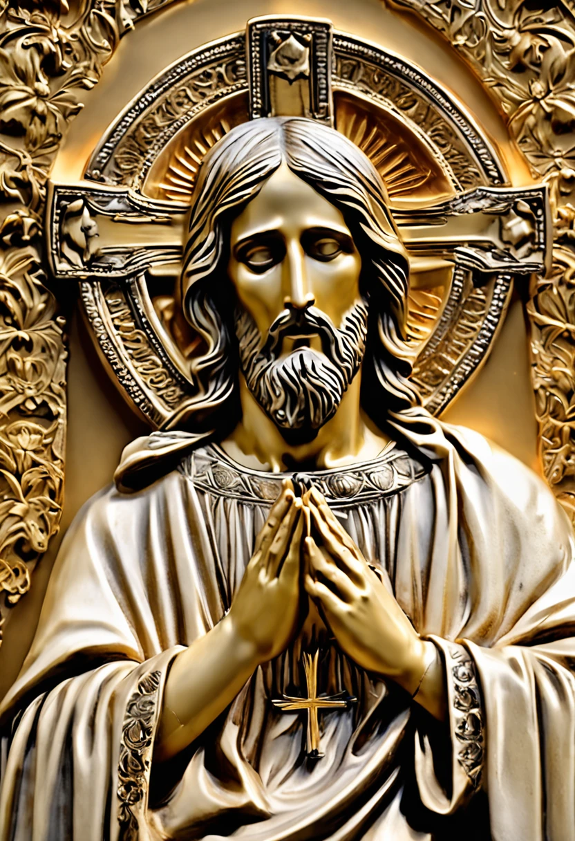 Imagine a majestic representation of Jesus Christ, sentado em um trono de ouro que irradia luz divina. He is dressed in white and gold robes, que simbolizam pureza e divindade. Jesus' hands are gently joined in a gesture of prayer, expressing humility and spiritual connection.
Detalhes da Imagem:
Comece desenhando o trono de ouro com detalhes intrincados, como entalhes, inlaid patterns and jewelry. O trono deve parecer imponente e celestial.
Posicione Jesus no trono de maneira a mostrar sua dignidade e autoridade, but also his serenity and compassion.
Focus on Jesus' facial features. Your eyes should convey a deep connection to the divine and your mouth may be slightly curved into a soft smile.
Jesus' hands must be together, fingers intertwined and thumbs pressed gently against each other. This should represent a gesture of deep prayer.
Use luz suave e sombras para destacar os contornos do rosto, as vestes e os detalhes do trono. The light must also appear divine, emanating from Jesus Himself.
The crown of thorns that Jesus wore during the crucifixion can be placed subtly next to the throne, as a symbol of sacrifice and redemption.
The background can be a celestial environment with golden clouds and an atmosphere of peace and transcendence.
Feel the spiritual connection as you create every detail. Use advanced editing tools to ensure high definition of the image. As you create, Allow the sense of reverence and respect to fill your heart, reflecting on the image you are creating."
Remember that creating a high-definition image requires meticulous attention to detail and the use of the editing program's advanced tools to achieve the desired quality.