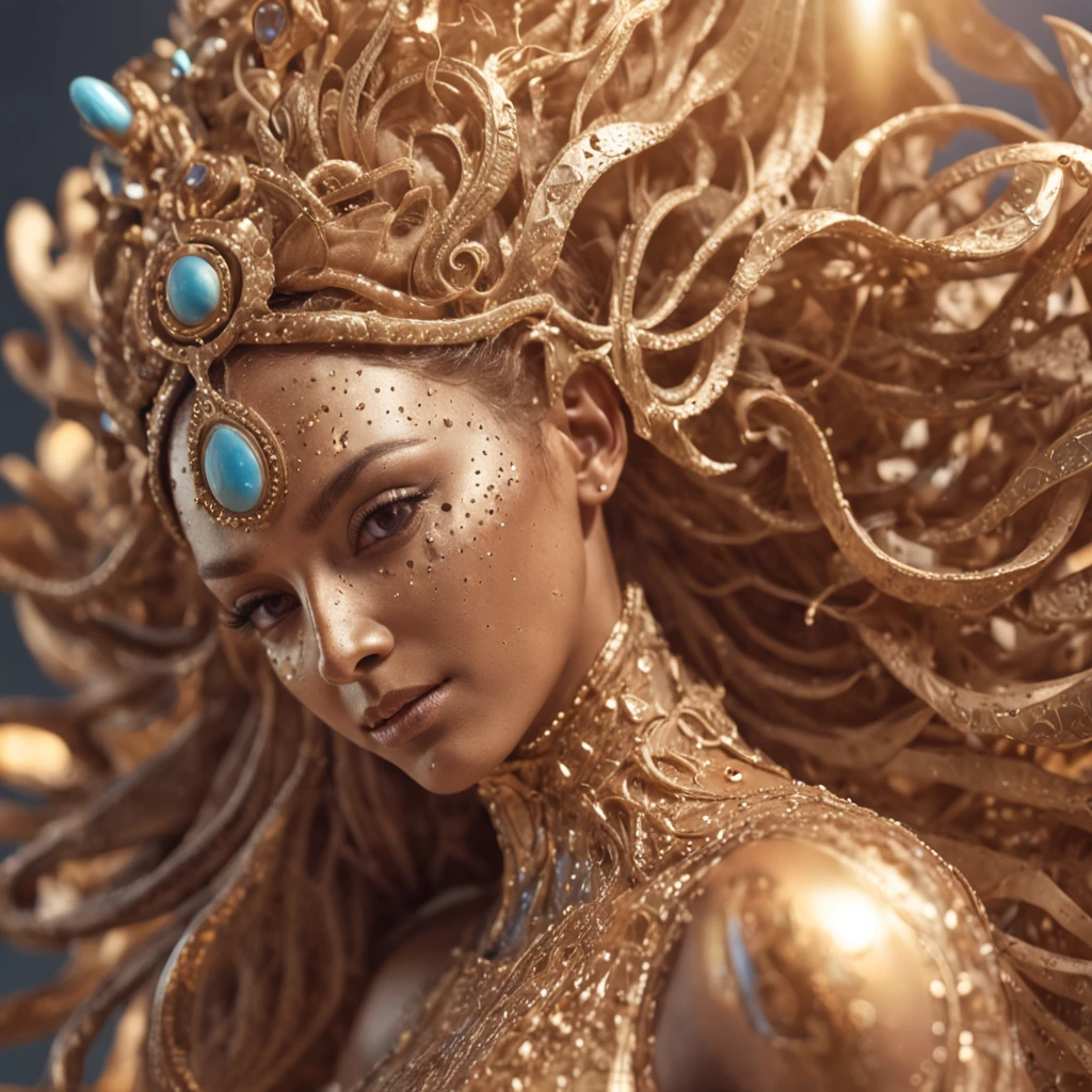 Intricate Fluid Isometric Multiversal Goddess Woman, Brazilian Suntan Skin, Galaxy Multiverse Body Effects