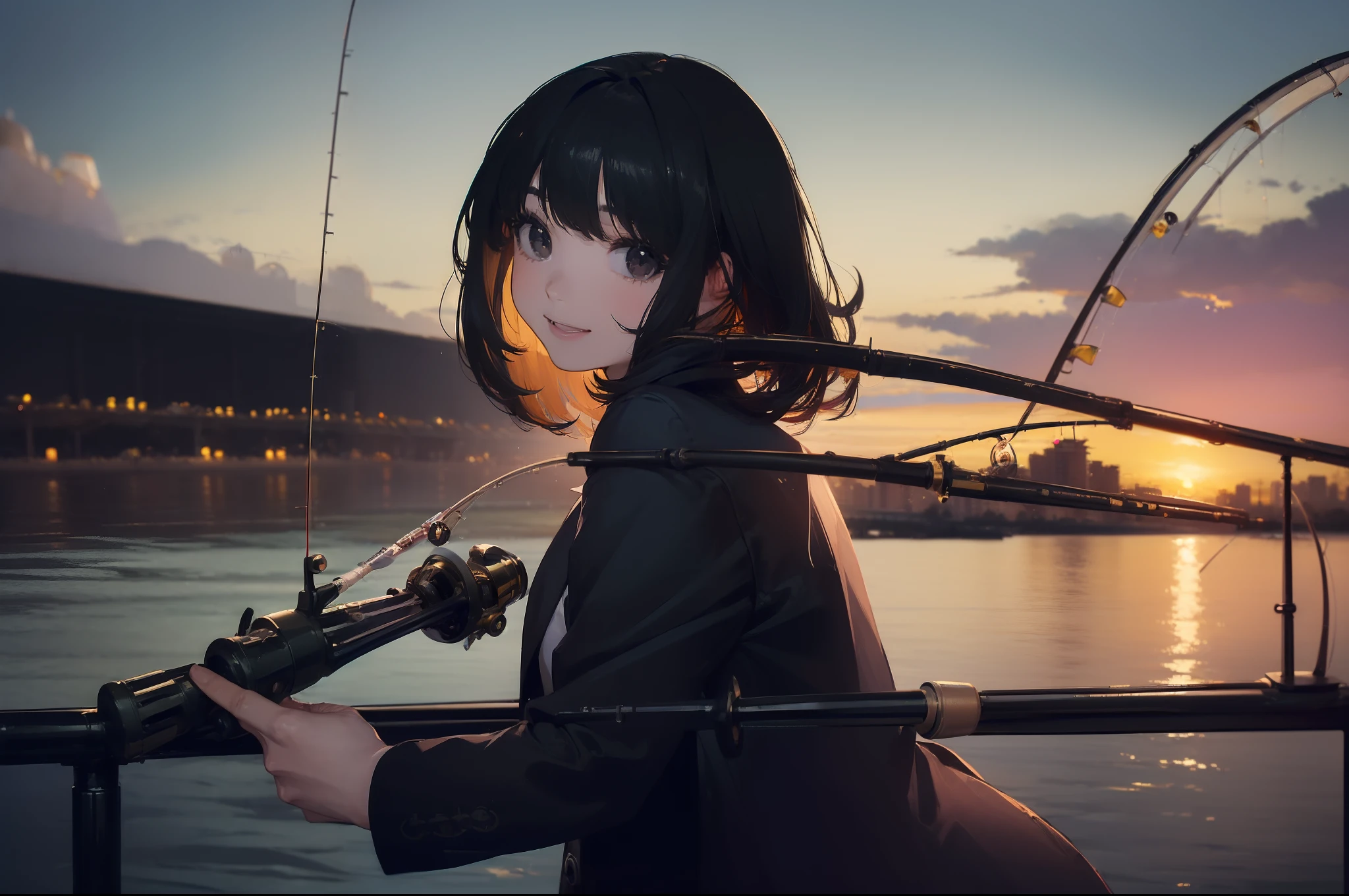 ((((having a fishing rod with a reel by the lakeside:1.5)))),((1 Female 22 years old))((Best Quality, masterpiece :1.5)),(((Hands with the correct number and structure of fingers:1.4))),hight resolution,ultra-detailliert,​masterpiece,best qualtiy,,Black hair, long eyeslashes, Solid Circle Eyes, Smiling Woman, drop shadow, Atmospheric perspective,Super Detail, ccurate, small brest,(Black jacket :1.1),top-quality, blurry backround, bokeh dof:1.2, (​masterpiece:1.3),  Atmospheric perspective,Super Detail,dynamic compositions