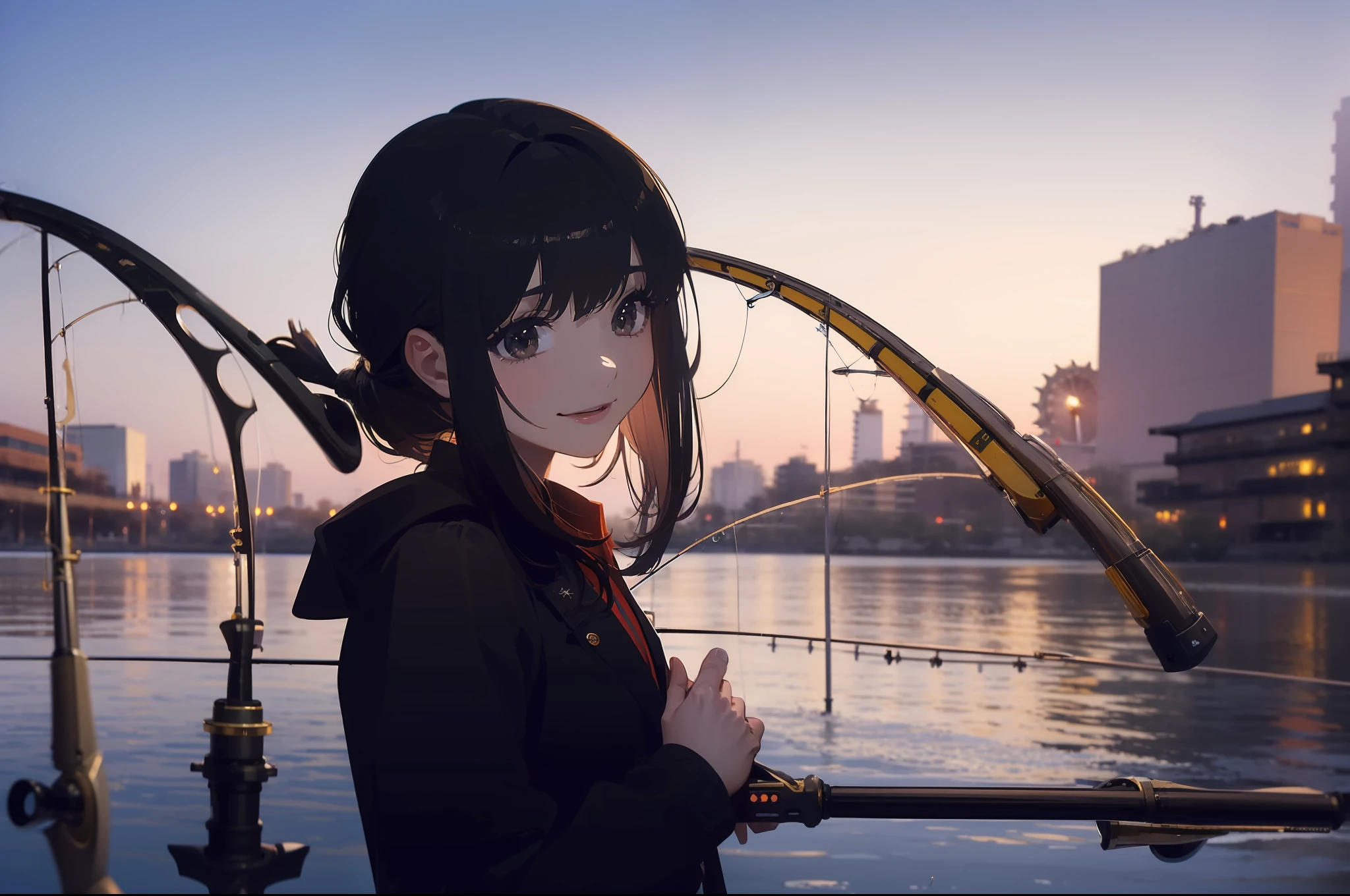 ((((having a fishing rod with a reel by the lakeside:1.5)))),((1 Female 22 years old))((Best Quality, masterpiece :1.5)),(((Hands with the correct number and structure of fingers:1.4))),hight resolution,ultra-detailliert,masterpiece,best qualtiy,,Black hair, long eyeslashes, Solid Circle Eyes, Smiling Woman, drop shadow, Atmospheric perspective,Super Detail, ccurate, small brest,(Black jacket :1.1),top-quality, blurry backround, bokeh dof:1.2, (masterpiece:1.3), Atmospheric perspective,Super Detail,dynamic compositions