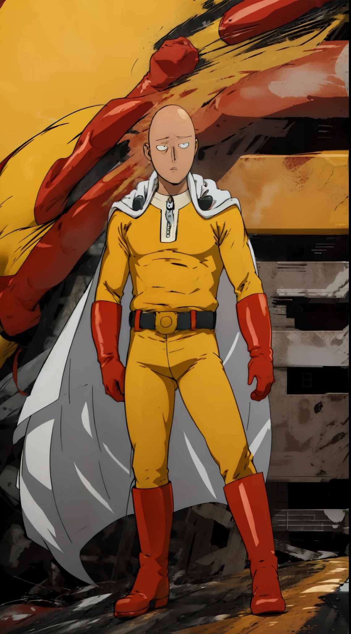 (anime) . Male (Saitama), (yellow bodysuit, (bald), belt, red gloves, red boots, white cloak, asian man face, muscle, serious, full body standing, outdoors, on the street, 4k)