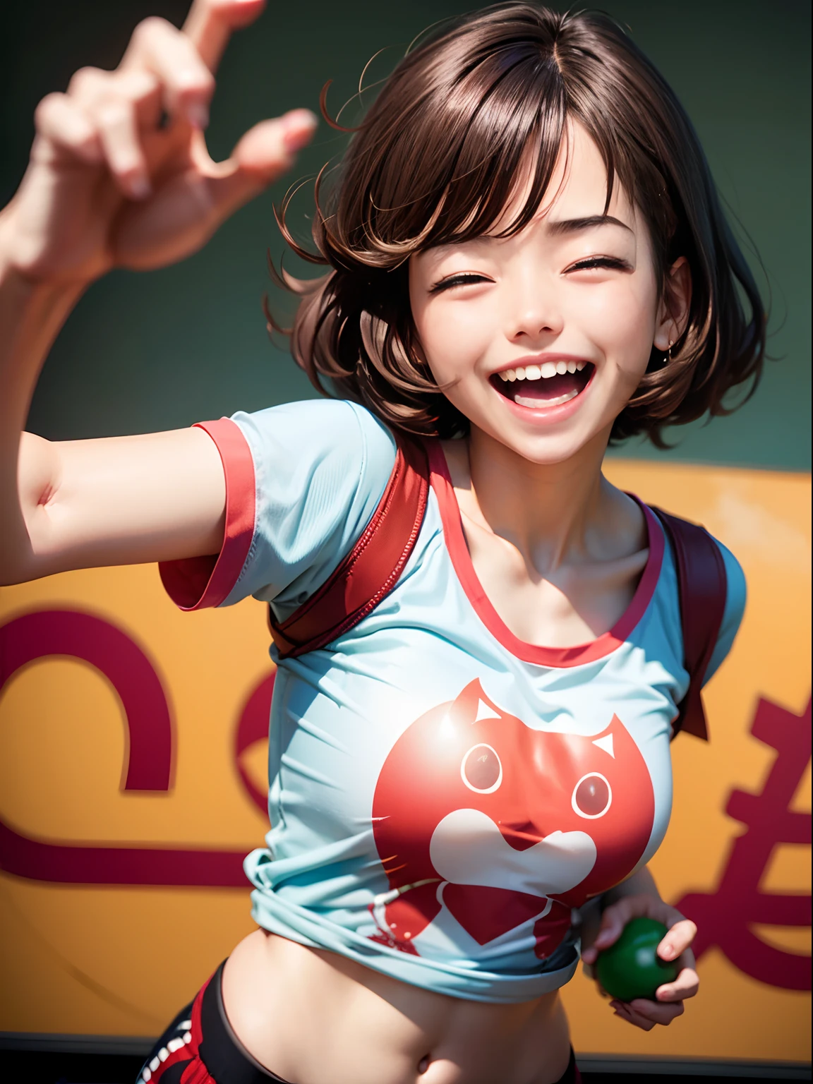 1girl in(((Laughing)))、exaggerated pose、Reaching the climax:1.３, short-cut、masutepiece、Bottoms are randomly generated、（ Carrot illustration printed shirt ）、dark brown hair、GI Cut、Background bokeh:1.5