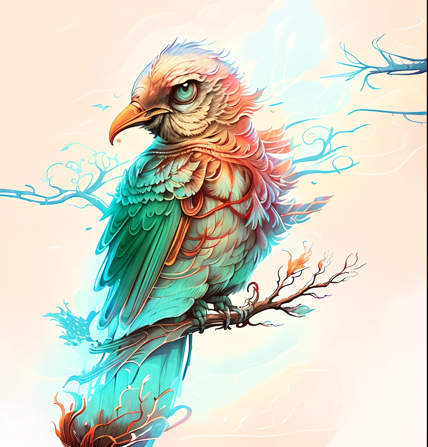There is a bird sitting on a branch with a blue and orange beak, in illustration style digital, Aves f CGSetalation, baixo detalhamento. pintura digital, a beautiful artwork illustration, a surrealistic bird, arte do Adobe Illustrator, stunning digital illustration, impressionante estilo de arte detalhado, pintura digital altamente detalhada, vetor behance hd jesper ejsing, painterly illustration