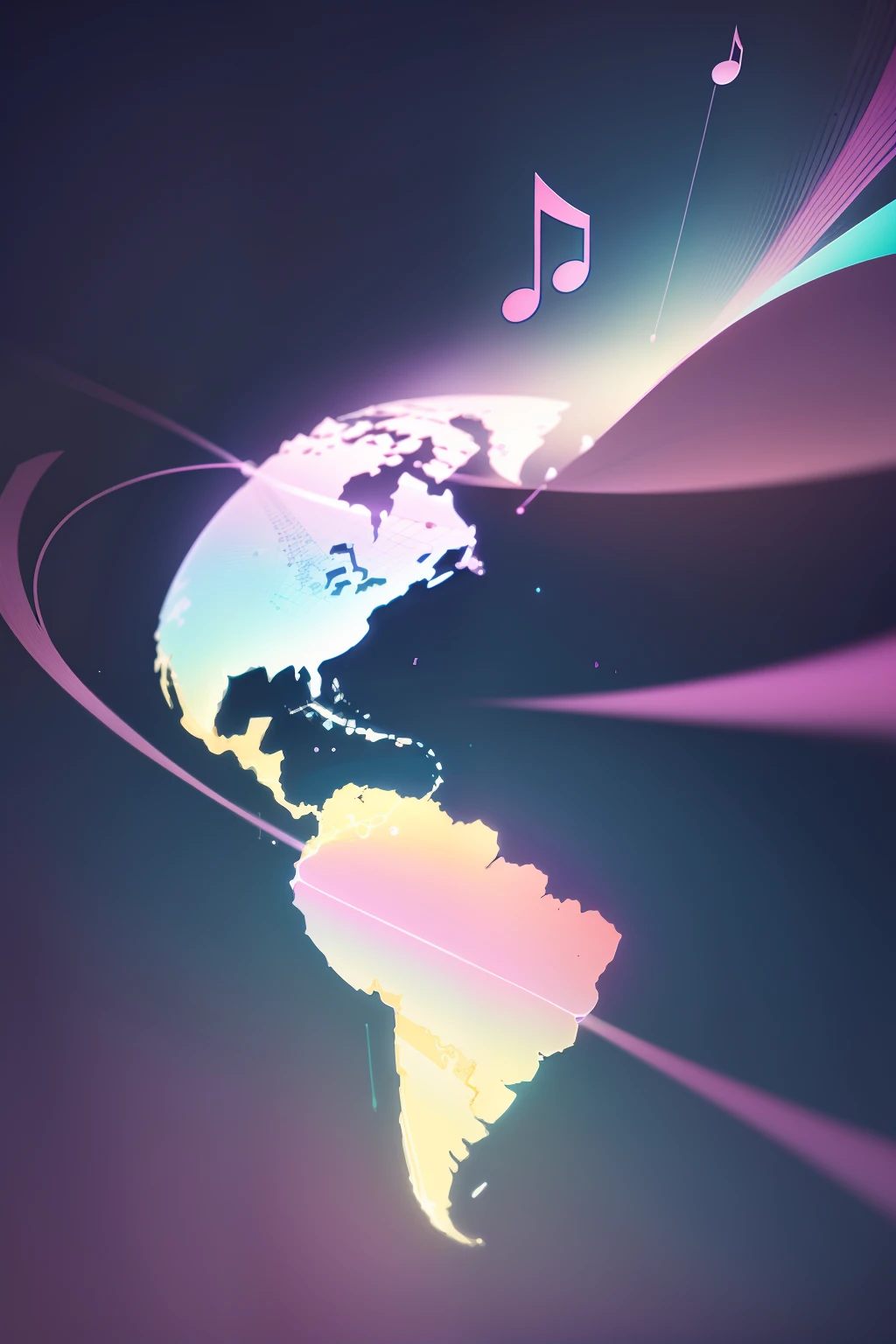Draw a stylized world map in shades of pastel blue, pink, and lavender. Bright points or small musical notes should appear at various parts of the map. These points are connected by soft sound frequency waves flowing between them, evoking a relaxing musical sensation. The background should be smooth, giving a calming lo-fi fee