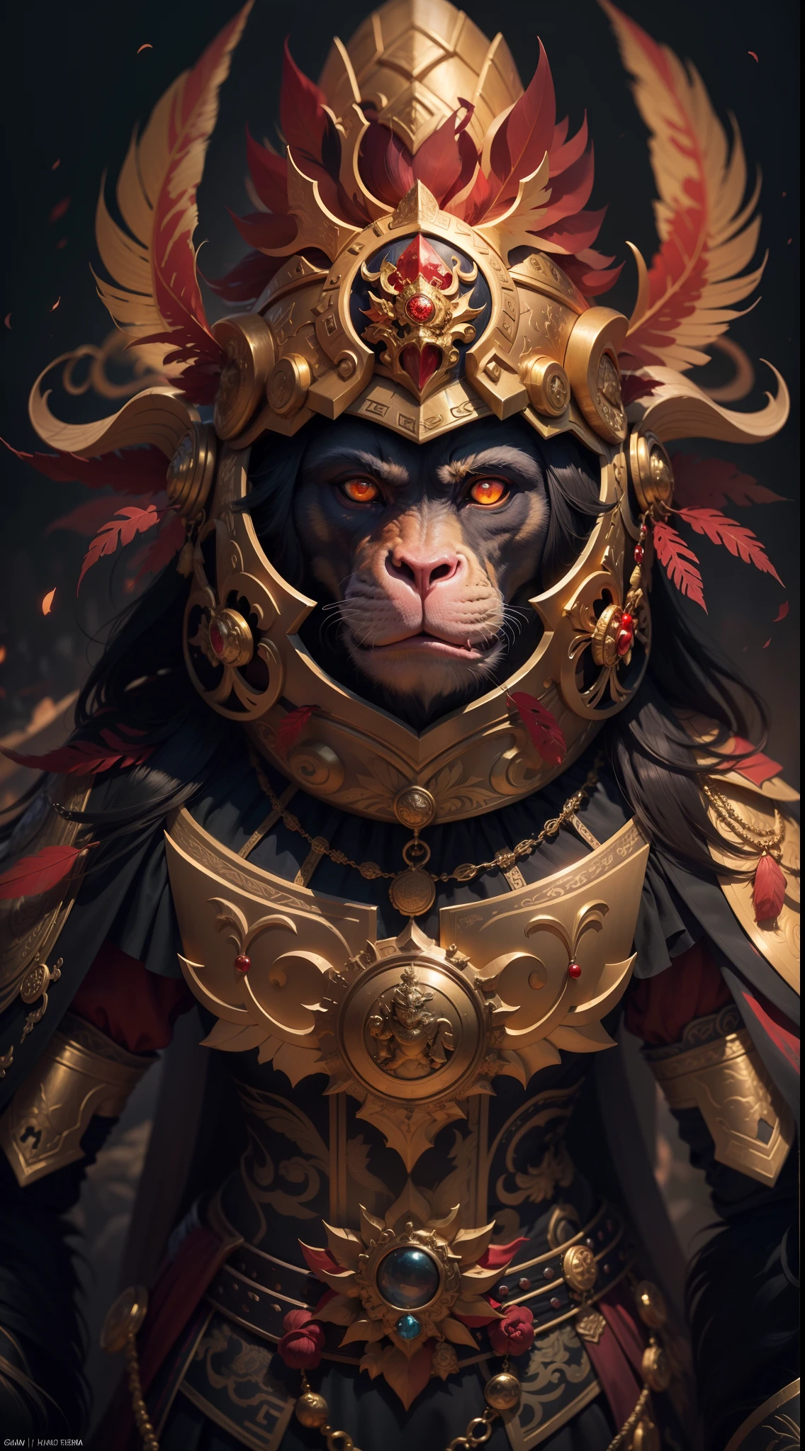 insanely detailed and intricate, hypermaximalist, elegant, opulent, Ultra photo realsisim, Super detailed anthropomorphic monkey,warriors，Golden-armored gods， Wearing a black cape, Chinese elements，Gold armor, and a medallion necklace, Glowing red eyes, Open-mouthed，tosen，Opera helmet，Helmet with pheasant feathers，and mysterious atmosphere. Floating in the dark,Thick paint illustration style，