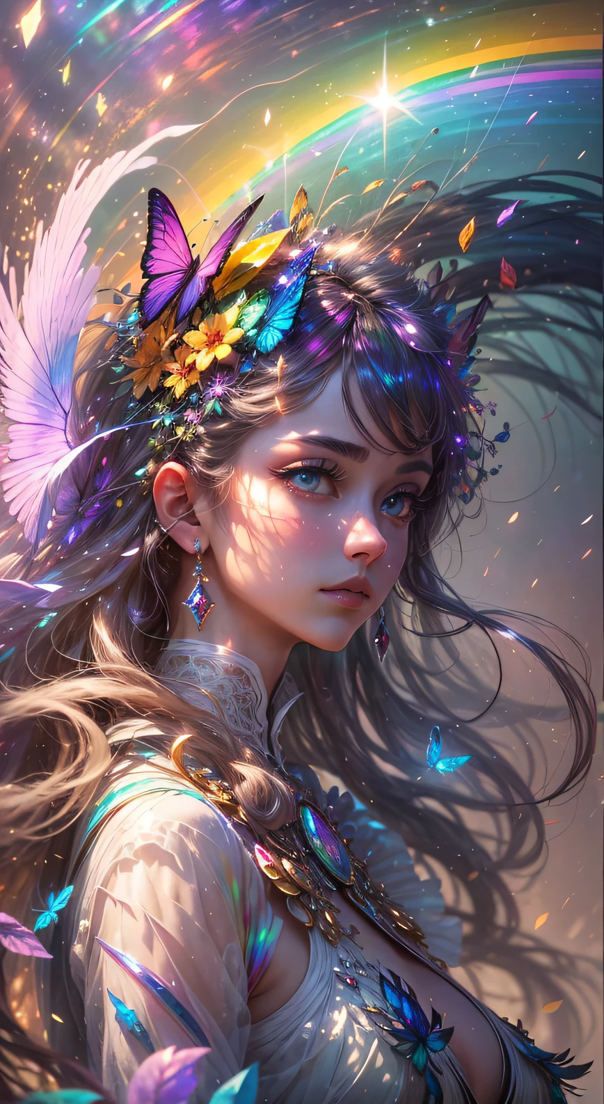 (((masterpiece))), (((best quality))), ((ultra-detailed)),(highly detailed CG illustration), ((an extremely delicate and beautiful)),cinematic light, Create a stunning fantasy artwork that mimics the style of currently trending masters of the genre. The art piece should contain elements of both mythic fantasy and fairytale fantasy with colorful rainbow accents. ((Utilize the rainbow as the main color scheme.)) The character in the artwork is a delicate but strong petite figure with an aura of mystery and magic. Pay close attention to intricate facial features, such as mesmerizing eyes with vibrant colors and bold shading. The character's clothing should be designed with gossamer feathers, silk, stunning embroidery, and subtle iridescent details. Incorporate (((translucent rainbows))), dreamy colors, dynamic lighting, and detailed background elements to create a sense of awe and immersion. Include colorful flying magical birds and jewel-toned rainbow butterflies radiating a magical aura. Consider the latest trends in fantasy art, such as incorporating unique lighting effects, exploring dynamic and compelling composition techniques, and experimenting with unique color palettes. Take inspiration from the top artists on ArtStation and Midjourney. Camera: Choose an angle that highlights the character's beauty and enhances the magical majesty of the artwork. Lighting: Utilize atmospheric lighting techniques to create depth and mood. Resolution: Aim for a high-resolution artwork to showcase intricate details and clarity. Art Inspirations: Seek inspiration from the trending artists on ArtStation, exploring different styles, genres, and themes.