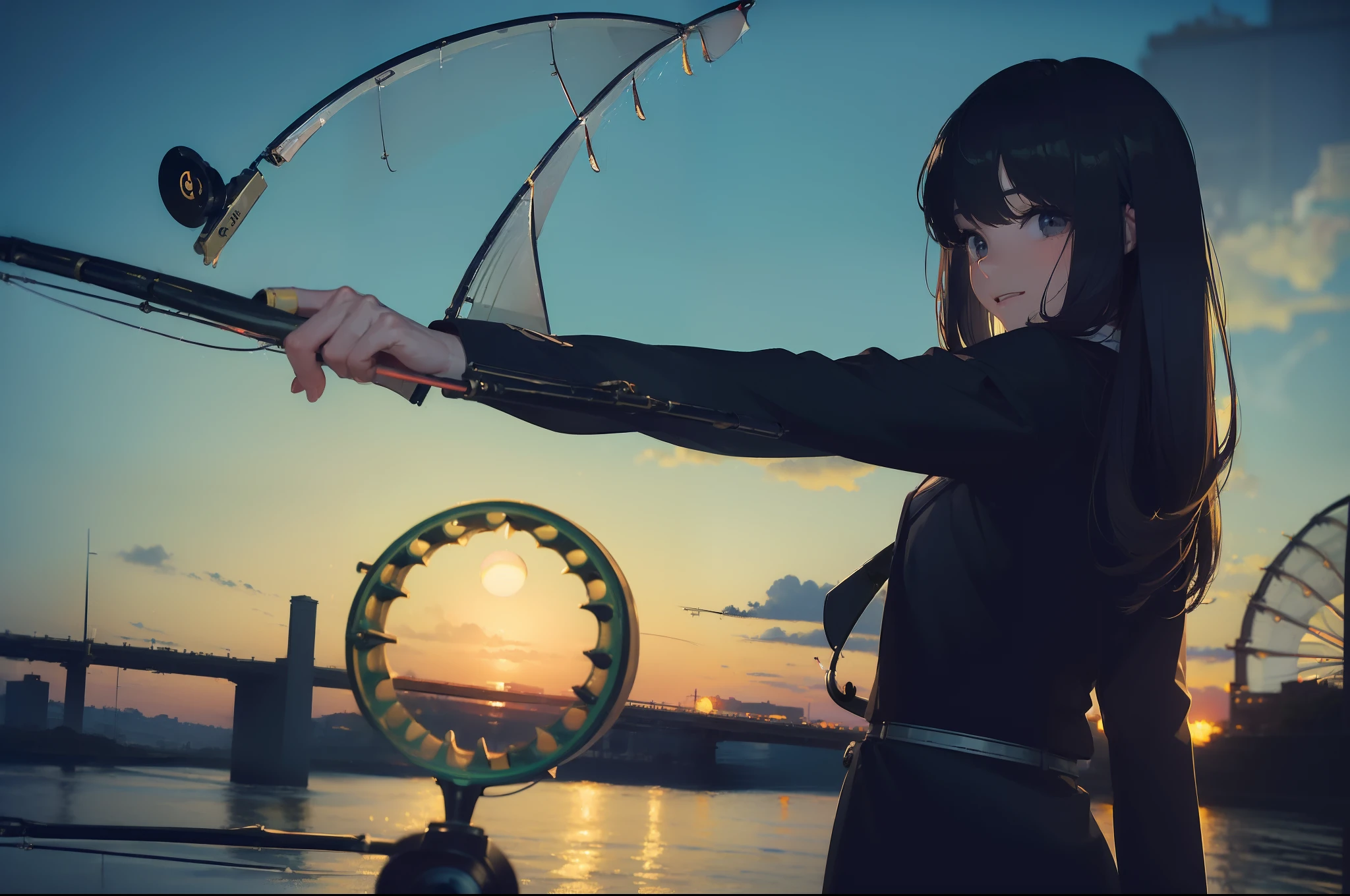 ((((having a fishing rod with a reel by the lakeside:1.5)))),((1 Female 22 years old))((Best Quality, masterpiece :1.5)),(((Hands with the correct number and structure of fingers:1.4))),hight resolution,ultra-detailliert,masterpiece,best qualtiy,,Black hair, long eyeslashes, Solid Circle Eyes, Smiling Woman, drop shadow, Atmospheric perspective,Super Detail, ccurate, small brest,(Black jacket :1.1),top-quality, blurry backround, bokeh dof:1.2, (masterpiece:1.3), Atmospheric perspective,Super Detail,dynamic compositions