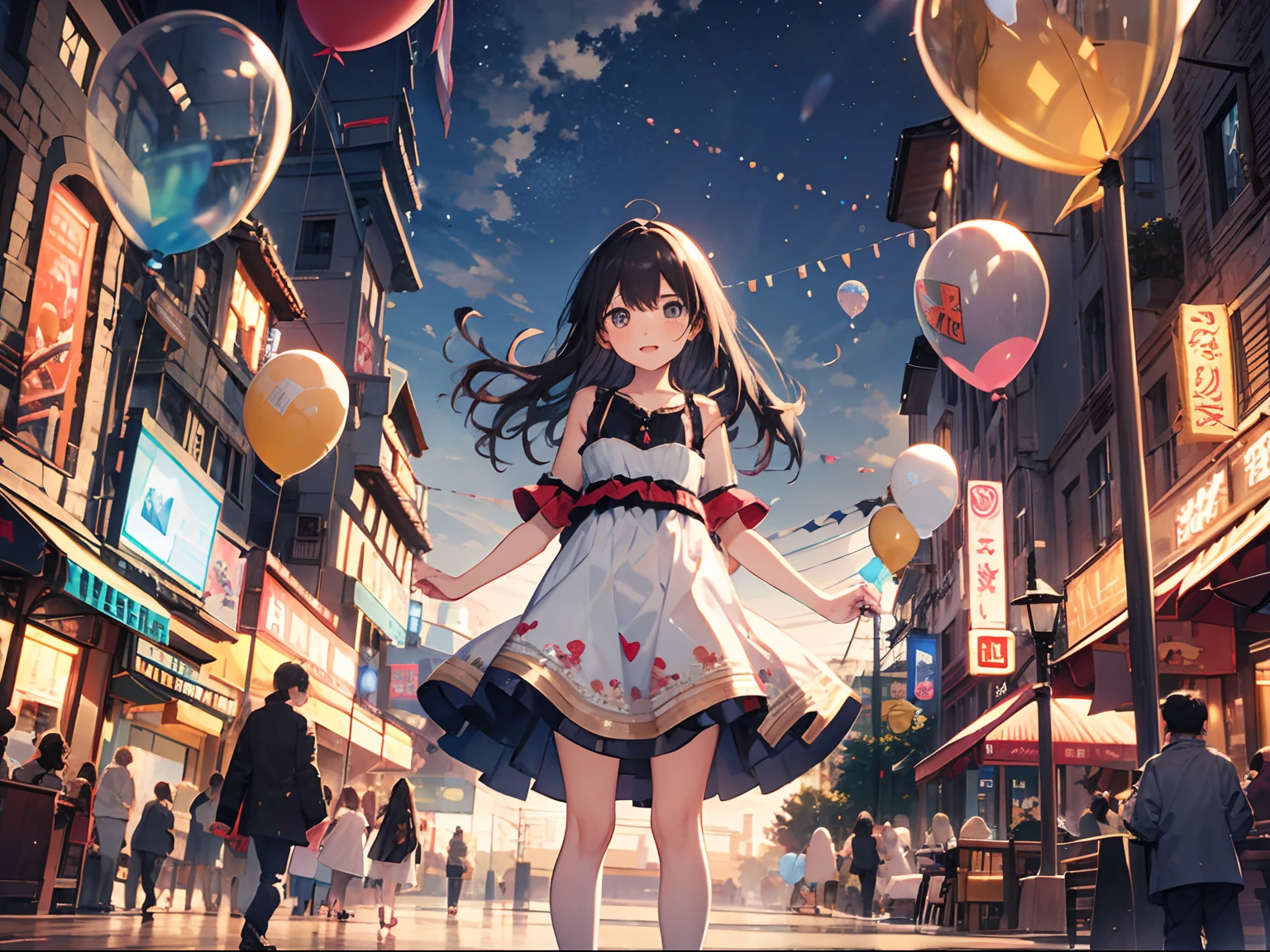 Cute  girl s，shift dresses，a lot of balloons，transparent pubic hair，balloons，。An amusement park，，the complex background，CG art，tmasterpiece，high qulity，depth of fields，Storytelling images，