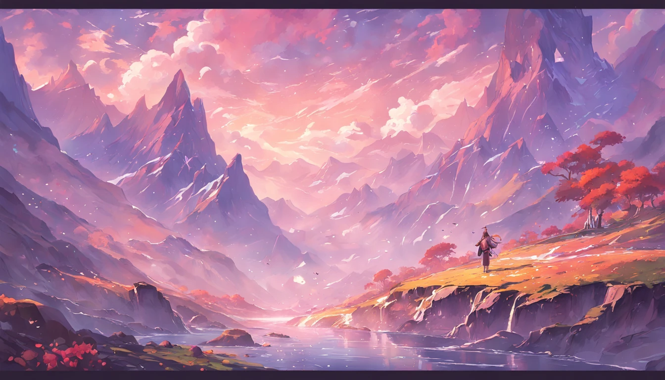 "(by Greg Rutkowski: 1.2), (masterpiece), (best quality), extremely delicate and beautiful, illustration, (fantasy landscape), A mesmerizing fantasy landscape with enchanting elements blending seamlessly. (Majestic mountains rise in the distance), adorned with vibrant flora and cascading waterfalls. The sky is awash with hues of purple and gold, reflecting off the tranquil lake below. A sense of tranquility and wonder fills the air, inviting exploration and discovery, depth of field, HDR, intricate, delicate"