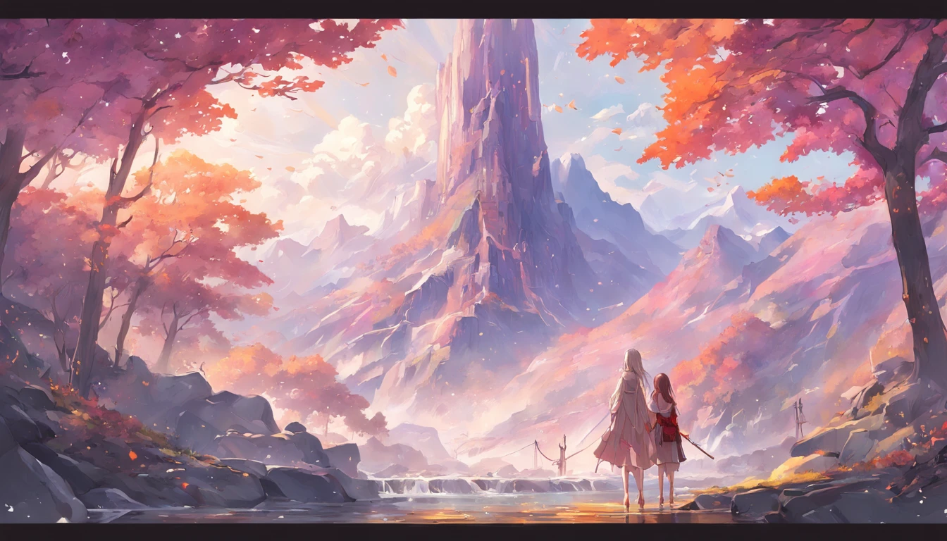"(by Greg Rutkowski: 1.2), (masterpiece), (best quality), extremely delicate and beautiful, illustration, (fantasy landscape), A mesmerizing fantasy landscape with enchanting elements blending seamlessly. (Majestic mountains rise in the distance), adorned with vibrant flora and cascading waterfalls. The sky is awash with hues of purple and gold, reflecting off the tranquil lake below. A sense of tranquility and wonder fills the air, inviting exploration and discovery, depth of field, HDR, intricate, delicate"