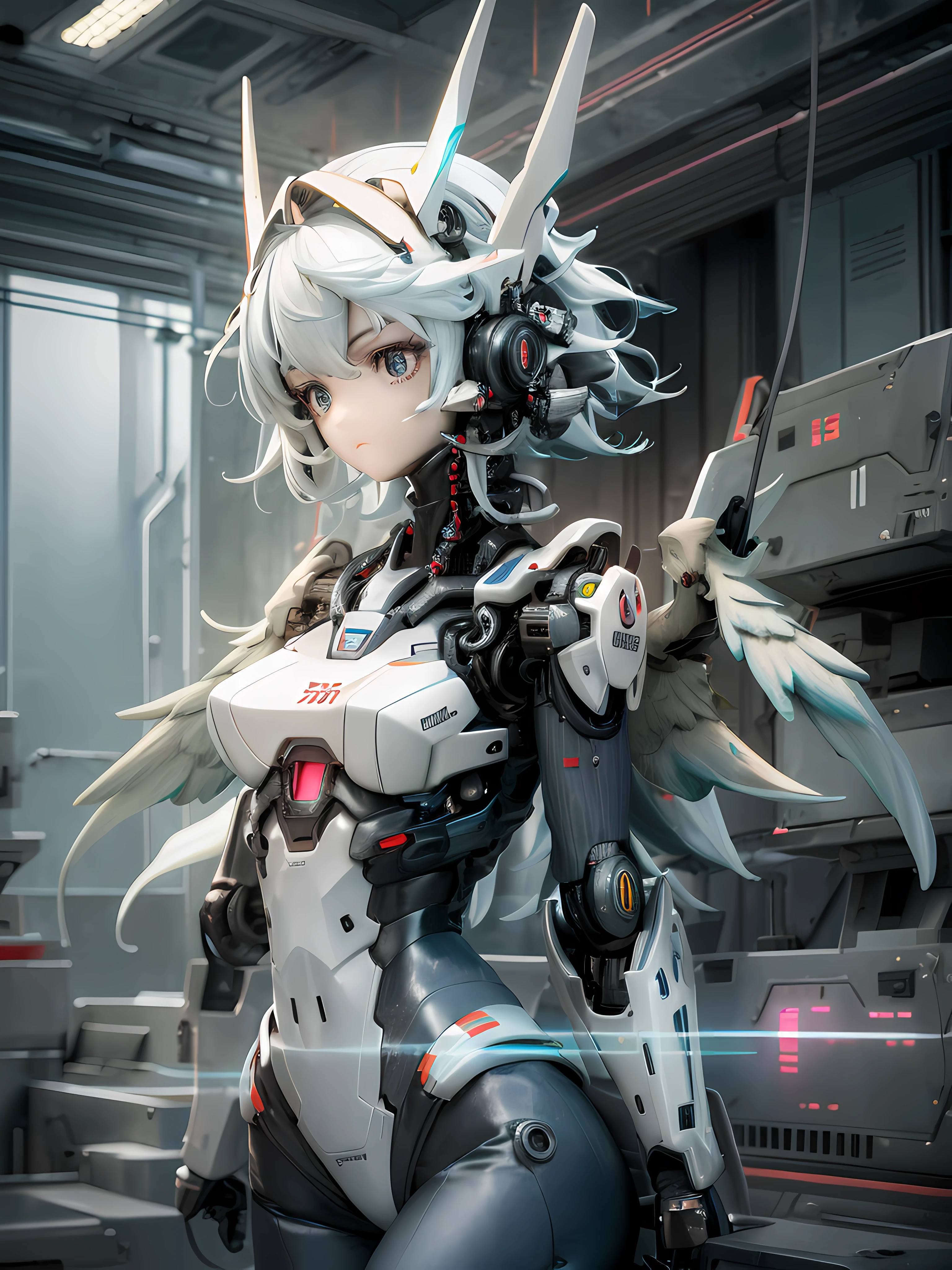 1girls, Electronic blue color, whited , Pastel colors、Bright atmosphere、Machine Man、White hair、Futuristic atmosphere、Despressing、white eyes、Longhaire、Exposed、the body is connected by a cable、Slender body, Upper body, headgear, machine wings, the universe, The god Machines, expressionless