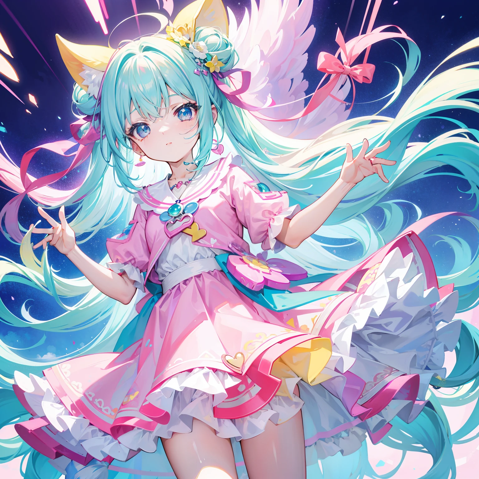 (Chibi), Idol, Singing in a space scene, Kawaii Tech, kawaii, Cute, Pastel colors, Best Quality, Happy, scifi