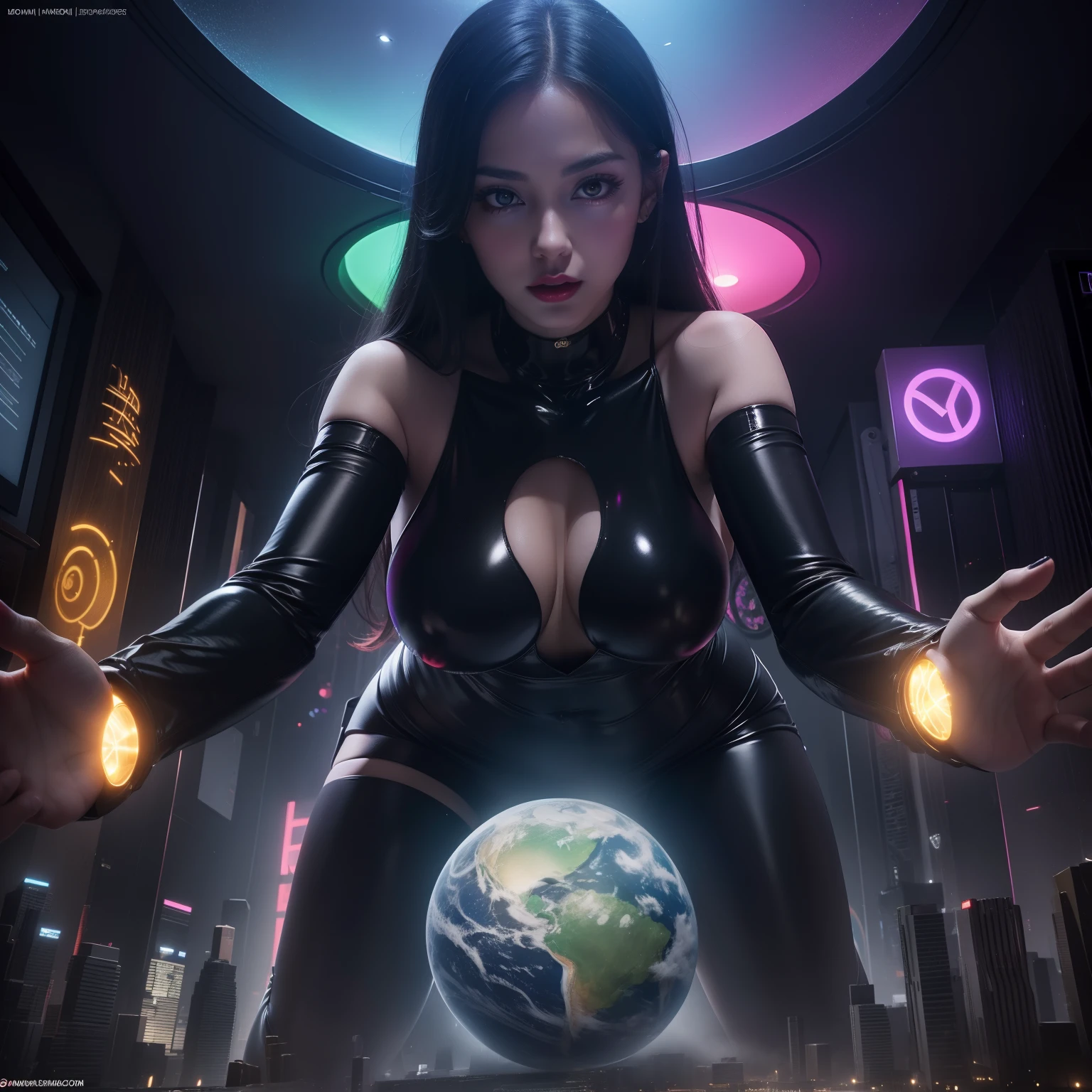 High image, Super Detail, High resolution, Intelligent beauty, , make up, Ecstatic expression, Amorous expression, Seductive look, Black shiny straight hair, Glowing black big eyes, Seductive moist red lips, Huge breasts, under the boobs, sideboob barbosa, great proportion, perfectly proportions, slender, Full body, Black Gloss Rubber Bodysuit, Background Fantasy, Magic Circle, Rainbow and golden neon lights radiating from floor and ceiling