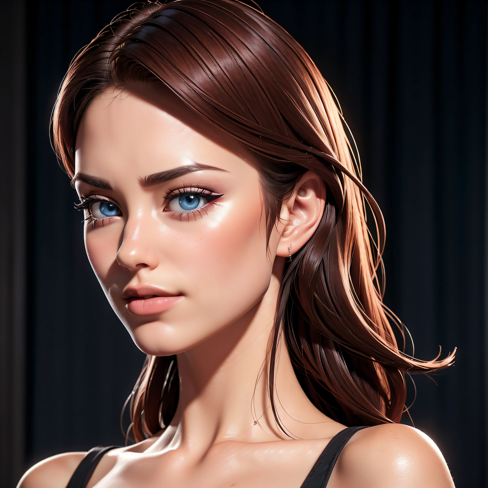 obra-prima, melhor qualidade, trabalho de rending 3d, estilo 3DMM, close-up, retrato, 3D, superman, [[DC]], solo, cabelo preto, olhando para o lado, realista, parte superior do corpo, fundo simples, uniforme, olhando para longe, cabelo preto longo, separated-lips, cabelo encaracolado castanho longo, olhos verdes, lingerie rosa, decote, aerith gainsborough, aerith
