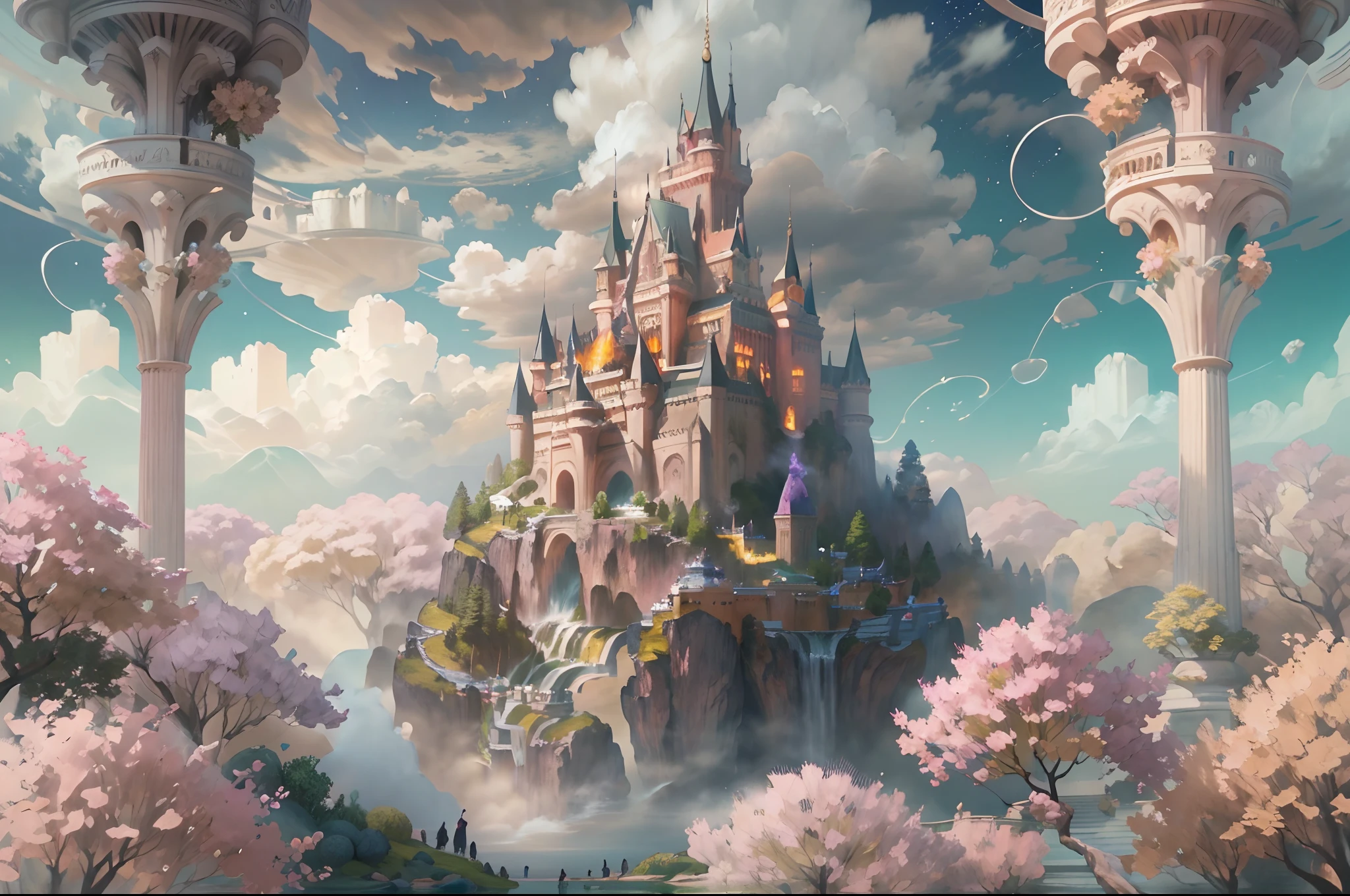 Generate a realistic fantasy landscape with beautiful, ornate romantic buildings, floating islands, crystalline waterfalls streaming from the floating islands, and a dreamy landscape of highly detailed flowers and dreamy watercolors. This is the (((romantic))) realm of the gods. (((The castles look like they are carved from shimmering marble, with distinct and complex details adding to their realism.))) Cotton candy clouds wisp into beautiful glittering stars across the colorful sky, with mesmerizing pink and purple celestial lights creating an enchanting atmosphere. Include many different levels and high visual interest. The environment is large and awe-inspiring, and this is a macro shot. The general ambience is peace, tranquility, and highly detailed sweetness. Include interesting fantasy elements with colors that complement the rest of the landscape. The sky should be very detailed. The landscape should very detailed. All buildings should be ornate with complex and intricate details. Include a luminous and magical atmosphere, magic bubbles, shimmering colors, many small fantasy details including iridescence, expertly created majestic landscapes, and shimmer and glimmer. Include lots of vibrant colors and vaguely surreal details. Camera: Utilize dynamic composition to create interest and excitement. CGI, unreal engine, unity engine, (((masterpiece))), high resolution, 8k, best quality, high quality, highres, 16, RAW, ultra highres, ultra details, finely detail, an extremely delicate and beautiful, extremely detailed, real shadow, anime, highly detailed painted, award-winning glamour painting, wonderful painting, art style, stylized