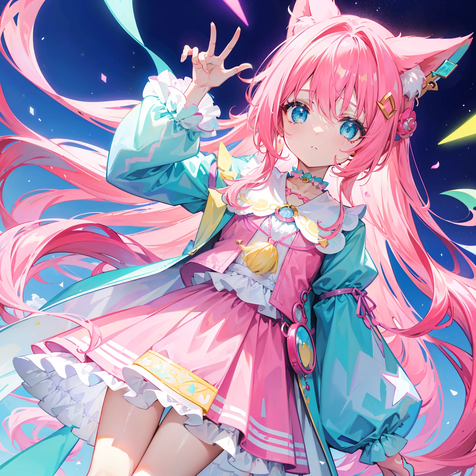 Colorful light background,long whitr hair,Has a bright pinkish-purple transparent gum texture,In pink、Wear yours with blue and white,yellow and greens,Cyan matching accessories pendant decoration,This is a very sweet and sweet li girl